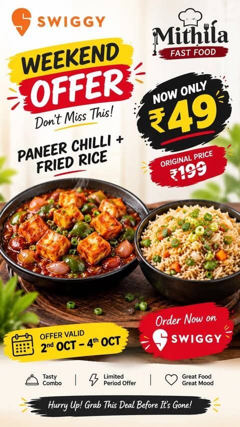 Craving something delicious without burning a hole in your pocket? 😍🍽️
This weekend, Swiggy has brought an AMAZING offer at Mithila Fast Food! 🎉
Get your favourite Paneer Chilli + Fried Rice, originally priced at ₹199, for just ₹49! 🤯🔥
📅 Offer Valid: 2nd October – 4th October
💰 Deal Price: ONLY ₹49
🍚 Combo: Paneer Chilli + Fried Rice
📲 Order Now on Swiggy!
But hurry! ⏰ This is a limited-period weekend offer, so don’t wait till it’s over!
👉 Open Swiggy
👉 Search Mithila Fast Food
👉 Grab this ₹49 deal
👉 Enjoy your delicious meal! 😋❤️
₹199 ka favourite combo, ab sirf ₹49 mein! 🔥
#SwiggyOffer #WeekendDeal #darbhanga #food #swiggy