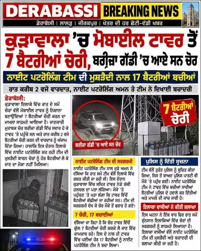 ਰਾਤ 2 ਵਜੇ ਕੁੜਾਵਾਲਾ ’ਚ ਚੋਰਾਂ ਦੀ ਦਸਤਕ! ਟਾਵਰ ਦੀਆਂ 7 ਬੈਟਰੀਆਂ ਲੈ ਕੇ ਫਰਾਰ, 17 ਬਚਾਈਆਂ
#derabassi #derabassibreakingnews #breakingnews #punjabnews #zirakpur