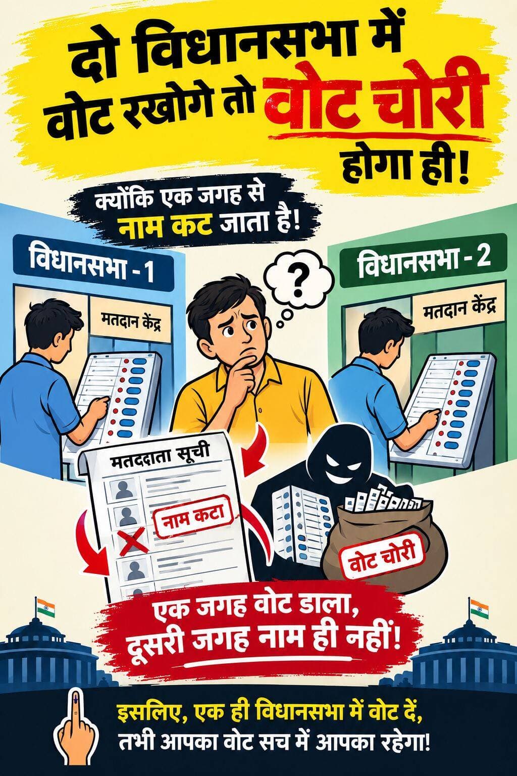 हाँ वोट चोरी हो रही है...
कैसे हो रही है❓ क्यों हो रही है❓ इस गंभीर विषय पर इस छोटी सी पोस्ट को पढ़कर समझ लीजिए बस,
और जो मैं उदाहरण दे रहा हूं यह मेरा खुद का है! मेरी निजी जिंदगी का है, मैं किसी पार्टी के कथित आई टी सेल से नहीं हूं लेकिन वोट चोरी कैसे हो रहा है यह बात आपको डंके की चोट पर बता सकता हूं...
मेरा नाम है दीप मैठाणी और में मूल निवासी धनोल्टी विधानसभा का हूं जहां मेरा पैतृक गांव है, लेकिन मैं रहता देहरादून में हूं क्योंकि यह मेरी कर्मभूमि है...
अब आप कहेंगे कि इसमें कौन सी बड़ी बात है❓
हां श्रीमन यही तो असली वोट चोरी है!
मेरे पास वोटर कार्ड इस SIR यानी की वोटरों का (विशेष गहन पुनरीक्षण) होने से पहले दो थे, एक मेरे पैतृक गांव का और एक देहरादून का,
आपको इसमें कोई हैरानी नहीं होनी चाहिए क्योंकि पूर्व की सरकारों में डिजिटली कोई व्यवस्था थी ही नहीं, जबकि इंटरनेट तो 1996 में ही शायद भारत आ गया था, इसकी शुरुआत (VSNL) ने की थी लेकिन तब भी 2014 तक भारत डिजिटल नहीं हो पाया था!
अब ये है ना हैरानी की बात❓ 😂
आज की तारीख में मेरे पास सिर्फ एक ही वोटर कार्ड है क्यूंकि SIR होने के बाद ये फर्जीवाड़ा बंद हो रहा है, हां मेरे पास स्वतंत्रता थी कि मैं कहां का रख सकता हुँ❓ तो जो उचित था वह मैंने चुन लिया लेकिन विपक्ष के अनुसार मेरी उस पैतृक विधानसभा में एक वोट तो कम हो गया ना❓
अब कुछ लोग इसे वोट चोरी कह रहें हैं...😊
मेरे पास तो सिर्फ दो ही थे और मैं अकेला हूं, सोचिए देश भर में कितने लोग माइग्रेट होते हैं❓ और क्या पता किसी के पास चार, पांच हों 6 महीने भी किसी राज्य में रहकर आ जाओ वहां का भी आप बना सकते थे (वोटर कार्ड) ऐसी व्यवस्था थी तब... जिसे डिजिटल इंडिया ने पूर्णता: खत्म कर दिया है...
अब देखो आप मेरा एक वोट मोदी जी ने चोरी किया ना❓
अगर इसे वोट चोरी कहते हैं तो यकीन मानिए इस देश का नागरिक होने के नाते मुझे यह मंजूर है, यह संविधान के अनुकूल नहीं है कि आप कहीं भी वोटिंग कर सको, जिस राज्य के नागरिक हो जिस विधानसभा के निवासी हो आपको वोट वहीं देना चाहिए...
एक नमूना सोशल मीडिया पर कह रहा था कि बंगाल में कुछ लोगों के नाम काट दिए गए और बाद में वापस जोड़ दिए गए यानी वह कहना चाहता था कि अगर ये पहले यहां के वोटर नहीं थे तो बाद में कैसे बने❓
तो उन्हें बता दीजिएगा कि नाम कटने के तुरंत बाद ही उन्होंने अपनी असली पहचान उजागर की और अपनी असली जगह यानी कि अपनी विधानसभा पर ही वापस जुड़ गए थे...
मैं सहमत हूं विपक्ष से की वोट चोरी हो रहा है...
Deep Maithani ✍️
<nis:link nis:type=tag nis:id=votechori nis:value=VoteChori nis:enabled=true nis:link/> <nis:link nis:type=tag nis:id=bjpvscongress nis:value=bjpvscongress nis:enabled=true nis:link/> <nis:link nis:type=tag nis:id=eci nis:value=ECI nis:enabled=true nis:link/>
Election Commission of India
BJP Uttarakhand Indian National Congress Uttarakhand