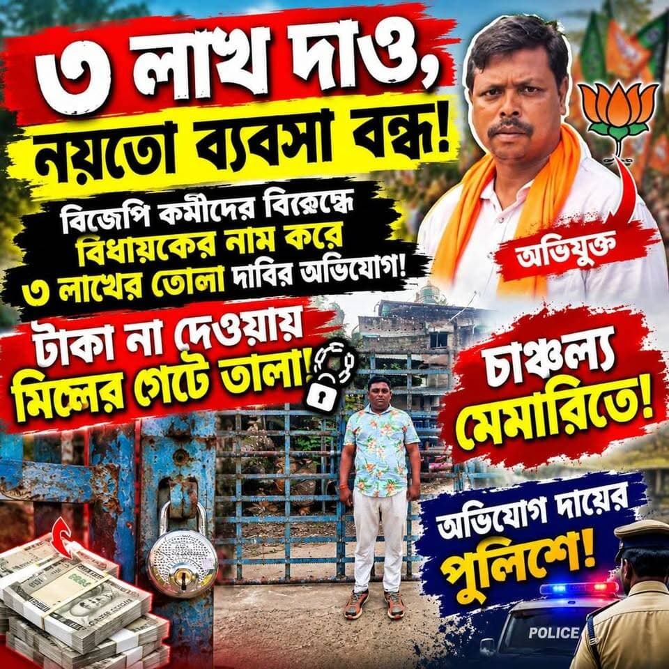 "৩ লাখ দাও, নয়তো ব্যবসা বন্ধ!"
বিজেপি কর্মীদের বিরুদ্ধে বিধায়কের নাম করে ৩ লাখের তোলা দাবির অভিযোগ!
টাকা না দেওয়ায় মিলের গেটে তালা!
চাঞ্চল্য মেমারিতে!
অভিযোগ দায়ের থানায়!
