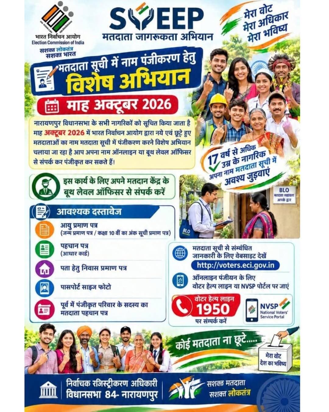मतदाता सूची में नाम दर्ज कराएं!
माह अक्टूबर 2026 में 17 वर्ष से अधिक आयु के नागरिकों को मतदाता सूची में अपना नाम जुड़वाने का अवसर। नए एवं छूटे हुए मतदाता ऑनलाइन या अपने बूथ लेवल ऑफिसर से संपर्क कर पंजीयन करा सकते हैं।
कोई मतदाता न छूटे।
#मतदाता_जागरूकता #मतदाता_सूची #लोकतंत्र