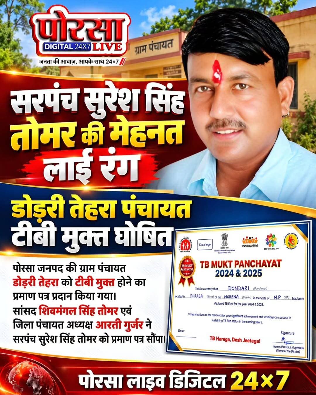 सरपंच सुरेश सिंह तोमर की मेहनत लाई रंग, डोड़री तेहरा पंचायत टीबी मुक्त घोषित
पोरसा। मुरैना जिले के पोरसा जनपद अंतर्गत ग्राम पंचायत डोड़री तेहरा को टीबी मुक्त होने का प्रमाण पत्र प्रदान किया गया। सांसद शिवमंगल सिंह तोमर एवं जिला पंचायत अध्यक्ष मुरैना आरती गुर्जर ने ग्राम पंचायत के सरपंच सुरेश सिंह तोमर को यह प्रमाण पत्र सौंपा।
ग्राम पंचायत को यह उपलब्धि सरपंच सुरेश सिंह तोमर की लगन, मेहनत और प्रयासों के चलते हासिल हुई। पंचायत को टीबी मुक्त बनाने की दिशा में किए गए प्रयासों की सराहना करते हुए उन्हें सम्मानित किया गया। यह उपलब्धि ग्रामीण क्षेत्र में टीबी के प्रति जागरूकता और स्वास्थ्य सेवाओं को बेहतर बनाने की दिशा में महत्वपूर्ण कदम है।
Suresh Tomar