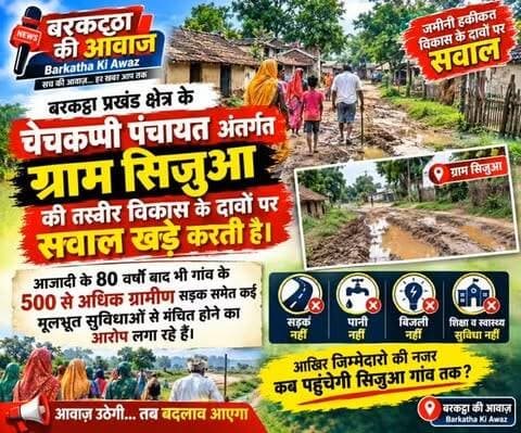 बरकट्ठा सिजुआ गांव में बुनियादी सुविधाओं का अभाव
बरकट्ठा: बरकट्ठा प्रखंड क्षेत्र के चेचकप्पी पंचायत अंतर्गत सिजुआ गांव के 500 से अधिक ग्रामीण आजादी के 80 वर्षों बाद भी सड़क समेत कई मूलभूत सुविधाओं से वंचित होने का आरोप लगा रहे हैं। ग्रामीणों का कहना है कि विकास के दावों के बावजूद उनका गांव आज भी पिछड़ा हुआ है और समस्याएं जस की तस हैं।
ग्रामीणों ने जिम्मेदार अधिकारियों की अनदेखी पर चिंता जताई है और सवाल उठाया है कि आखिर कब उनकी समस्याओं को समझा जाएगा और गांव तक विकास की किरण पहुंचेगी। इस मामले में संबंधित विभाग या अधिकारियों की प्रतिक्रिया अभी तक प्राप्त नहीं हुई है।