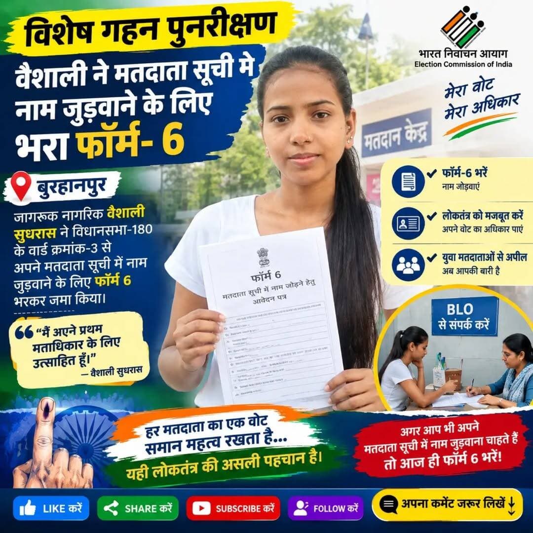 बुरहानपुर में विशेष गहन पुनरीक्षण अभियान के तहत वैशाली सुधरास ने मतदाता सूची में नाम जुड़वाने के लिए फॉर्म-6 जमा किया। प्रथम बार मतदान करने को उत्साहित वैशाली ने बीएलओ से प्रक्रिया की जानकारी ली।
<nis:link nis:type=tag nis:id=burhanpur nis:value=burhanpur nis:enabled=true nis:link/> <nis:link nis:type=tag nis:id=newsreel nis:value=newsreel nis:enabled=true nis:link/> <nis:link nis:type=tag nis:id=viral nis:value=viral nis:enabled=true nis:link/> <nis:link nis:type=tag nis:id=instagood nis:value=instagood nis:enabled=true nis:link/> <nis:link nis:type=tag nis:id=trending nis:value=trending nis:enabled=true nis:link/>