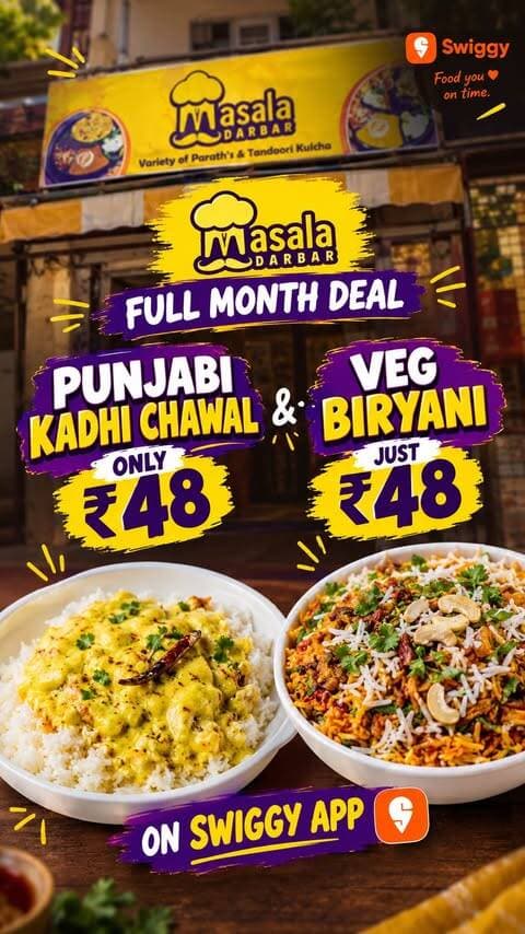 Just ₹48 mai Punjabi Kadhi Chawal & Veg. Biryani mill rahi hai yrr woh bhi Full October 🥳🎊🎉🎊🎉
@masala_darbar_gwl par bohot crazy offer chall raha hai guys Miss mat kar dena🔥
Offer valid only on Swiggy app✅
No repost🚫
#gwaliorfoodsters #gwalior #gwaliorfood #indianfood