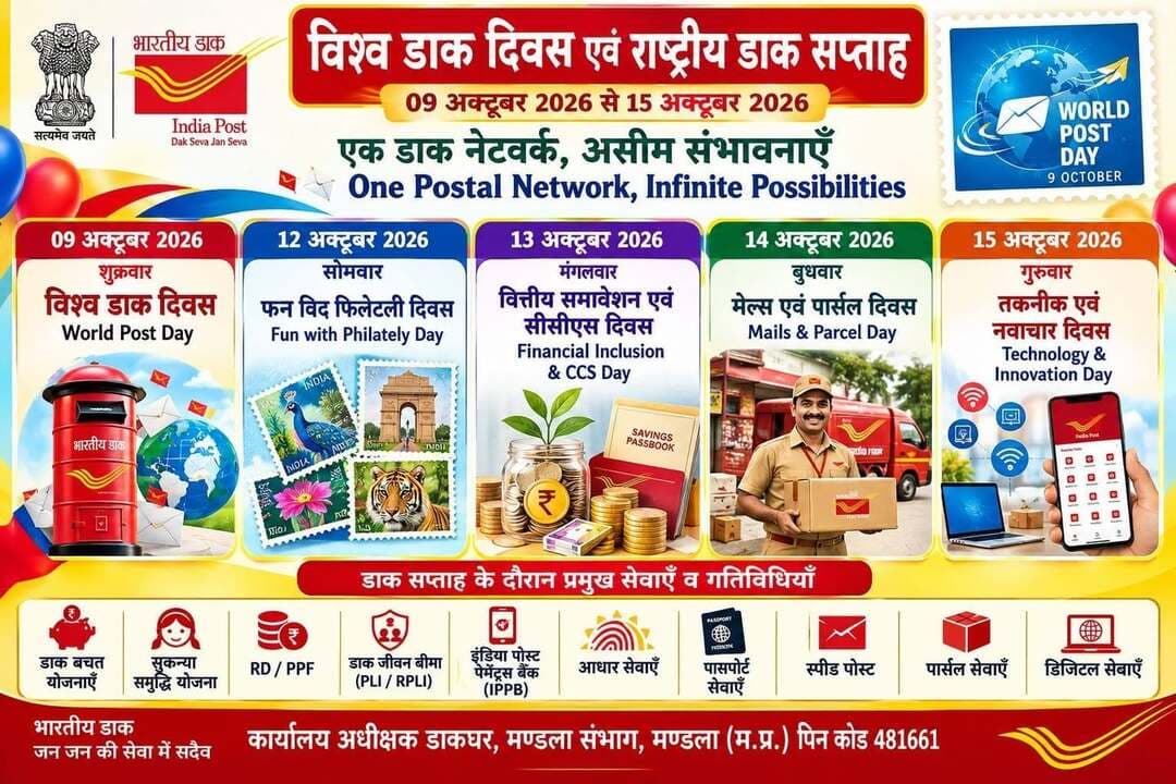 राष्ट्रीय डाक सप्ताह 9 से 15 अक्टूबर तक मनाया जाएगा
नागरिकों को डाक सेवाओं के प्रति किया जाएगा जागरूक
भारतीय डाक विभाग द्वारा 9 से 15 अक्टूबर 2026 तक राष्ट्रीय डाक सप्ताह मनाया जा रहा है। इस वर्ष सप्ताह का संदेश एक डाक नेटवर्क, असीम संभावनाएँ है। राष्ट्रीय डाक सप्ताह के अवसर पर मण्डला डाक संभाग के विभिन्न डाकघरों के माध्यम से नागरिकों को डाक विभाग की विभिन्न सेवाओं एवं योजनाओं की जानकारी देकर जागरूक किया जाएगा। इस दौरान डाक बचत योजनाओं, सुकन्या समृद्धि योजना, डाक जीवन बीमा, ग्रामीण डाक जीवन बीमा, इंडिया पोस्ट पेमेंट्स बैंक, आधार एवं पासपोर्ट सेवाओं के प्रति लोगों को जानकारी दी जाएगी।
इसके साथ ही स्पीड पोस्ट, पार्सल तथा विभिन्न डिजिटल डाक सेवाओं के उपयोग को प्रोत्साहित किया जाएगा। अभियान का उद्देश्य नागरिकों तक डाक विभाग की सुविधाओं की पहुंच बढ़ाना, वित्तीय समावेशन को प्रोत्साहित करना तथा आधुनिक तकनीक के माध्यम से डाक सेवाओं को अधिक सुलभ बनाना है।
राष्ट्रीय डाक सप्ताह के माध्यम से डाक विभाग की पारंपरिक सेवाओं के साथ आधुनिक डिजिटल सुविधाओं की जानकारी आम नागरिकों तक पहुंचाई जाएगी, जिससे अधिकाधिक लोग इन सेवाओं का लाभ उठा सकें।
Jansampark Madhya Pradesh
CM Madhya Pradesh
#mandla