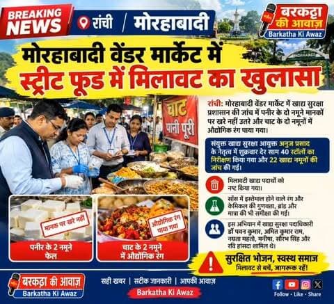रांची मोरहाबादी में स्ट्रीट फूड में मिलावट का खुलासा
रांची: मोरहाबादी वेंडर मार्केट में खाद्य सुरक्षा प्रशासन की जांच में पनीर के दो नमूने मानकों पर खरे नहीं उतरे और चाट के दो नमूनों में औद्योगिक रंग पाया गया। संयुक्त खाद्य सुरक्षा आयुक्त अनुज प्रसाद के नेतृत्व में शुक्रवार देर शाम 40 स्टॉलों का निरीक्षण किया गया और 22 खाद्य नमूनों की जांच की गई।
इस दौरान मिलावटी खाद्य पदार्थों को नष्ट किया गया। जांच में सॉस में इस्तेमाल होने वाले रंग और केमिकल की गुणवत्ता, ब्रांड और मात्रा की भी समीक्षा की गई। इस अभियान में खाद्य सुरक्षा पदाधिकारी डॉ पवन कुमार, अमित कुमार राम, नम्रता महतो, मनीषा, सौरभ सिंह और रवि हांसदा शामिल थे, जिन्होंने स्ट्रीट फूड की गुणवत्ता और खाद्य सुरक्षा की निगरानी व्यवस्था पर प्रश्न उठाए।