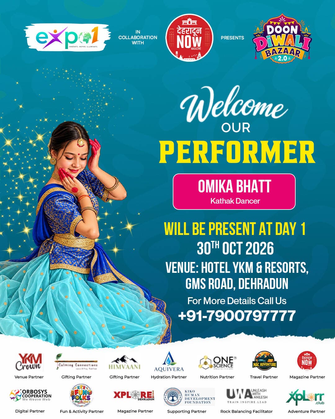 ЁЯМЯ A Warm Welcome to Our Performer тАУ Omika Bhatt! ЁЯМЯ
Get ready to witness the grace, elegance, and mesmerising beauty of classical Indian dance! ЁЯТГтЬи We are delighted to welcome Omika Bhatt, a talented Kathak Dancer, to Doon Diwali Bazaar 2.0! ЁЯк╖ЁЯО╢
With her graceful movements, expressive storytelling, and captivating footwork, Omika will bring the rich traditions of Kathak to life and make our festive celebration even more special! ЁЯМ╕тЬи
ЁЯУЕ Performance Day: Day 1 тАУ 30th October 2026
ЁЯУН Venue: Hotel YKM & Resorts, GMS Road, Dehradun
ЁЯХЪ Event Timings: 11:00 AM тАУ 10:00 PM
ЁЯОЙ Bring your family and friends and immerse yourself in a celebration filled with art, shopping, food, entertainment, culture, creativity, and togetherness!
тЬи Doon Diwali Bazaar 2.0 тАУ Where Tradition Meets Celebration! ЁЯкФЁЯТГ
ЁЯУЮ For More Details:
тШОя╕П +91 79007 97777
тШОя╕П +91 95209 99099
<nis:link nis:type=tag nis:id=doondiwalibazaar nis:value=DoonDiwaliBazaar nis:enabled=true nis:link/> <nis:link nis:type=tag nis:id=doondiwalibazaar2 nis:value=DoonDiwaliBazaar2 nis:enabled=true nis:link/> <nis:link nis:type=tag nis:id=omikabhatt nis:value=OmikaBhatt nis:enabled=true nis:link/> <nis:link nis:type=tag nis:id=kathakdancer nis:value=KathakDancer nis:enabled=true nis:link/> <nis:link nis:type=tag nis:id=classicaldance nis:value=ClassicalDance nis:enabled=true nis:link/>