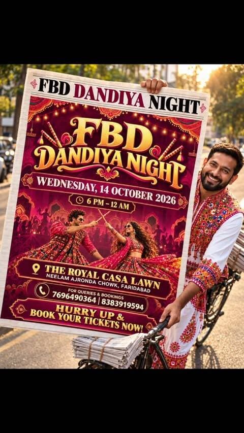 🔥 Faridabad, get ready for the most vibrant night of the year! ❤️🔥🪩
✨ FBD DANDIYA NIGHT 2026 ✨
💃 Dance • Dandiya • Music • Unlimited Fun!
📅 14 October 2026 | Wednesday
⏰ 6 PM – 12 AM
📍 The Royal Casa Lawn, Neelam Ajronda Chowk, Faridabad
🎉 Gather your friends, dress up in your festive best, and get ready for an unforgettable night!
🎟️ Hurry up & book your tickets now!
📞 7696490364 | 8383919594
Tag your Dandiya partner below! 👇❤️