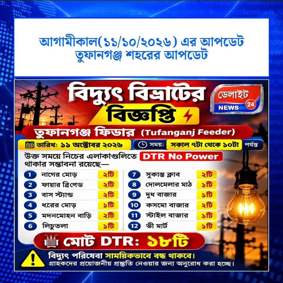 তুফানগঞ্জ ফিডারে ৩ ঘণ্টা বিদ্যুৎ পরিষেবা বন্ধ থাকবে
#Tufanganj #TufanganjNews #TufanganjFeeder #PowerCut #PowerOutage #ElectricityUpdate #ElectricityNews #CoochBehar #CoochBeharNews #NorthBengal #WestBengalNews #BreakingNews #LocalNews #NewsUpdate #DTRNoPower