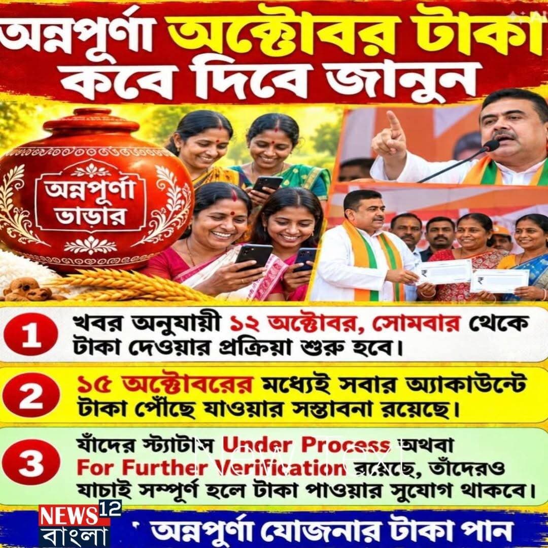 অন্নপূর্ণা যোজনার অক্টোবর মাসের টাকা পাবেন পুজোর আগে কোন দিন?