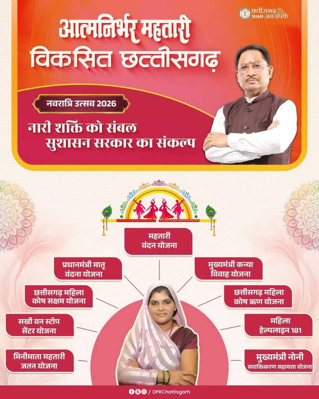 शक्ति का वंदन, नारी शक्ति का अभिनंदन।
महतारी वंदन, कन्या विवाह, महिला कोष ऋण एवं सक्षम योजना जैसी पहलें महिलाओं को आर्थिक संबल देने की दिशा में प्रयास हैं। सखी वन स्टॉप सेंटर और हेल्पलाइन 181 सहायता व सुरक्षा के लिए उपलब्ध हैं।
<nis:link nis:type=tag nis:id=शक्ति_वंदन nis:value=शक्ति_वंदन nis:enabled=true nis:link/> <nis:link nis:type=tag nis:id=cgnavratri2026 nis:value=CGNavratri2026 nis:enabled=true nis:link/>