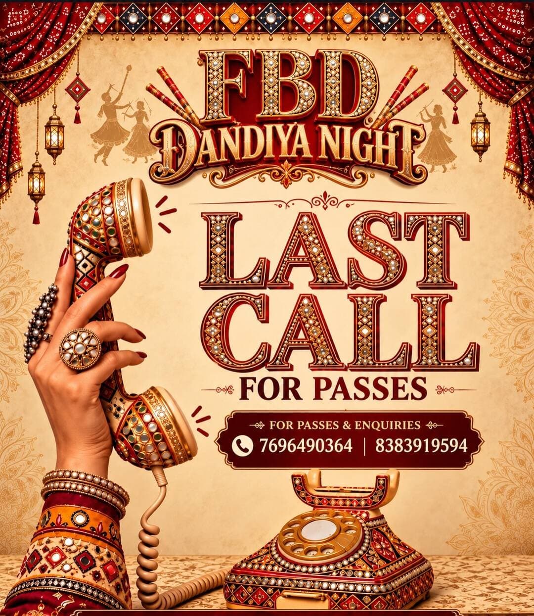 ЁЯУв FBD DANDIYA NIGHT 1.0 тАФ LAST CALL! тШОя╕ПЁЯФе
The countdown is ON! тП│тЬи DonтАЩt miss your chance to be part of FaridabadтАЩs most happening Dandiya night! ЁЯТГЁЯХ║
ЁЯОЯя╕П Passes & Enquiries Open Now!
ЁЯУЮ 7696490364 | 8383919594
ЁЯУЕ 14 October 2026 | Wednesday
ЁЯУН The Royal Casa Lawn, Neelam Ajronda Chowk, Faridabad
Hurry up! Grab your passes before itтАЩs too late! ЁЯЪитЭдя╕П