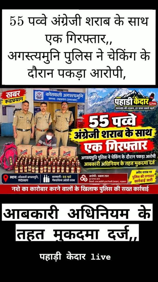 55 पव्वे अंग्रेजी शराब के साथ एक गिरफ्तार,,
अगस्त्यमुनि पुलिस ने चेकिंग के दौरान पकड़ा आरोपी, आबकारी अधिनियम के तहत मुकदमा दर्ज,,
रुद्रप्रयाग जनपद में अवैध शराब की बिक्री और तस्करी के खिलाफ चलाए जा रहे अभियान के तहत अगस्त्यमुनि पुलिस ने एक व्यक्ति को 55 पव्वे मैकडॉवेल्स अंग्रेजी शराब के साथ गिरफ्तार किया है। पुलिस ने आरोपी के विरुद्ध आबकारी अधिनियम के तहत मुकदमा दर्ज कर आवश्यक वैधानिक कार्रवाई शुरू कर दी है।
पुलिस से मिली जानकारी के अनुसार, रविवार, 11 अक्टूबर को कोतवाली अगस्त्यमुनि पुलिस की टीम चेकिंग अभियान चला रही थी। इस दौरान प्रकाश लाल पुत्र धनपत लाल, निवासी ग्राम जखोली, हाल निवासी डंगवाल गांव, जनपद रुद्रप्रयाग के कब्जे से मैकडॉवेल्स अंग्रेजी शराब के 55 पव्वे बरामद किए गए। इसके बाद पुलिस ने आरोपी को गिरफ्तार कर लिया।
मामले में कोतवाली अगस्त्यमुनि में मुकदमा अपराध संख्या 47/2026 के तहत धारा 60(1) आबकारी अधिनियम में अभियोग पंजीकृत किया गया है। पुलिस द्वारा प्रकरण में अग्रिम वैधानिक कार्रवाई की जा रही है।
जनपद में अवैध शराब की बिक्री और तस्करी पर अंकुश लगाने के लिए पुलिस की ओर से लगातार चेकिंग अभियान चलाया जा रहा है। पुलिस का कहना है कि अवैध गतिविधियों में संलिप्त पाए जाने वालों के विरुद्ध नियमानुसार कार्रवाई की जाएगी।
पुलिस टीम में उपनिरीक्षक सुरेश रतूड़ी, हेड कांस्टेबल भूपाल सिंह और हेड कांस्टेबल वीरेंद्र सिंह शामिल रहे।
