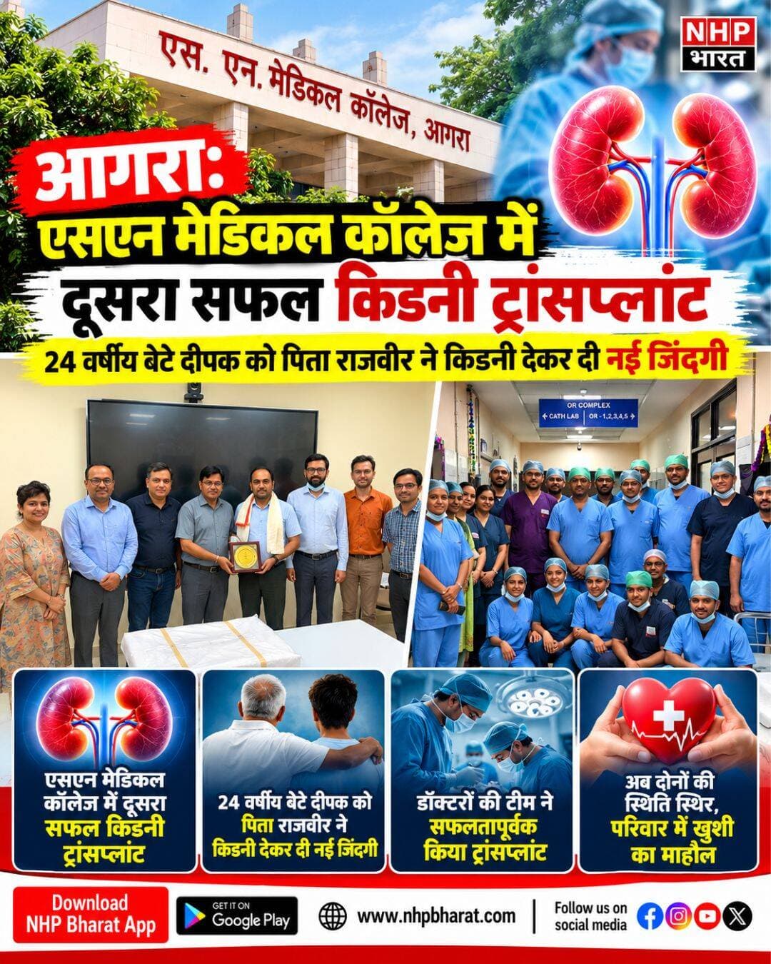 आगरा के एसएन मेडिकल कॉलेज में 10 अक्टूबर को दूसरा सफल किडनी प्रत्यारोपण किया गया। 24 वर्षीय दीपक को उनके पिता राजवीर ने अपनी किडनी दान की। कॉलेज के अनुसार, पिता और बेटा दोनों स्वस्थ हैं और प्रत्यारोपित किडनी बेहतर ढंग से काम कर रही है। प्राचार्य डॉ. प्रशांत गुप्ता ने इस उपलब्धि पर पूरी मेडिकल टीम को बधाई दी।
.
.
.
.
<nis:link nis:type=tag nis:id=agranews nis:value=AgraNews nis:enabled=true nis:link/> <nis:link nis:type=tag nis:id=snmedicalcollege nis:value=SNMedicalCollege nis:enabled=true nis:link/> <nis:link nis:type=tag nis:id=kidneytransplant nis:value=KidneyTransplant nis:enabled=true nis:link/> <nis:link nis:type=tag nis:id=agra nis:value=Agra nis:enabled=true nis:link/> <nis:link nis:type=tag nis:id=medicalachievement nis:value=MedicalAchievement nis:enabled=true nis:link/> <nis:link nis:type=tag nis:id=uttarpradeshnews nis:value=UttarPradeshNews nis:enabled=true nis:link/> <nis:link nis:type=tag nis:id=healthnews nis:value=HealthNews nis:enabled=true nis:link/> <nis:link nis:type=tag nis:id=nhpbharat nis:value=NHPBharat nis:enabled=true nis:link/>
