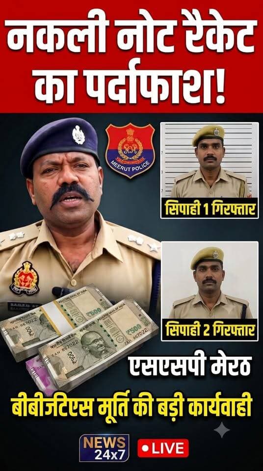 मेरठ में नकली नोटों के सिंडिकेट का पर्दाफाश: SSP की ज़ीरो टॉलरेंस नीति, 2 सिपाही समेत 5 गिरफ्तार: देखिए खबर आधिकारिक पुष्टि के साथ CHANNEL N TV LIVE WEBNEWS मेरठ मित्र से नवेद खान की रिपोर्ट
मेरठ के भावनपुर थाना क्षेत्र से एक बड़ा मामला सामने आया है, जहाँ असली नोटों का झांसा देकर नकली नोटों की गड्डियाँ थमाने वाले गिरोह को पुलिस ने धर दबोचा।
एसएसपी के कुशल नेतृत्व और एसपी देहात अभिजीत सिंह की देखरेख में हुई इस कार्रवाई में गिरोह में शामिल यूपी पुलिस के 2 सिपाहियों (आशीष कुमार व प्रश्नचित आनंद) समेत 5 आरोपियों को गिरफ्तार किया गया है। दोनों सिपाहियों को तुरंत प्रभाव से निलंबित कर विभागीय जांच शुरू कर दी गई है।
पुलिस की इस त्वरित और निष्पक्ष कार्रवाई से जनता में कानून के प्रति विश्वास और मजबूत हुआ है।
👉 पूरी रिपोर्ट देखें और शेयर करें!
#MeerutNews #UPPolice #PoliceAction #BreakingNews #CrimeNews #MeerutPolice