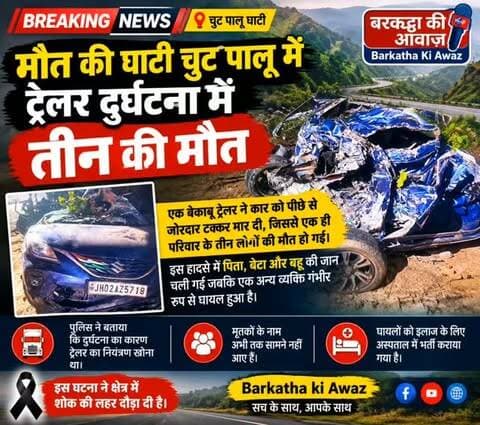 मौत की घाटी चुटु पालू में ट्रेलर दुर्घटना में तीन की मौत
चुटु पालू घाटी: एक बेकाबू ट्रेलर ने कार को पीछे से जोरदार टक्कर मार दी, जिससे एक ही परिवार के तीन लोगों की मौत हो गई। इस हादसे में पिता, बेटा और बहू की जान चली गई जबकि एक अन्य व्यक्ति गंभीर रूप से घायल हुआ है।
पुलिस ने बताया कि दुर्घटना का कारण ट्रेलर का नियंत्रण खोना था। मृतकों के नाम अभी तक सामने नहीं आए हैं, और घायलों को इलाज के लिए अस्पताल में भर्ती कराया गया है। इस घटना ने क्षेत्र में शोक की लहर दौड़ा दी है।