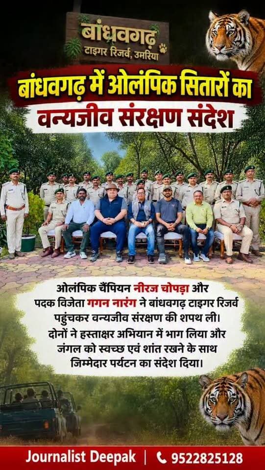 💥बांधवगढ़ में ओलंपिक सितारों का वन्यजीव संरक्षण संदेश
ओलंपिक चैंपियन नीरज चोपड़ा और पदक विजेता गगन नारंग ने बांधवगढ़ टाइगर रिजर्व पहुंचकर वन्यजीव संरक्षण की शपथ ली। दोनों ने हस्ताक्षर अभियान में भाग लिया और जंगल को स्वच्छ एवं शांत रखने के साथ जिम्मेदार पर्यटन का संदेश दिया।
वन्यजीव सप्ताह के दौरान बांधवगढ़ से संरक्षण का खास संदेश।
#umaria #WildlifeWeek2026 #Bandhavgarh #WildlifeConservation #neerajchopda
