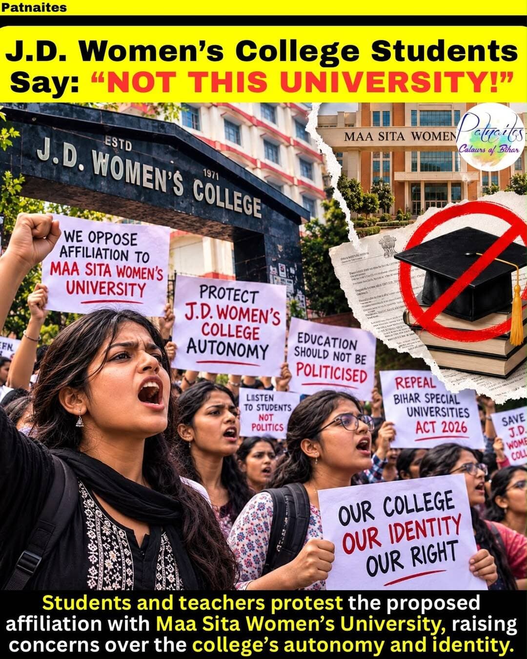 ЁЯЪи J.D. WomenтАЩs College protest in Patna
Students and teachers of J.D. WomenтАЩs College are protesting over the proposed affiliation of the college with Maa Sita WomenтАЩs University.
The protest has raised concerns about the collegeтАЩs autonomy, identity and future academic structure. Students are demanding that their concerns be heard before any major decision is implemented.
ЁЯУН Patna | Bihar
What do you think тАФ should an existing collegeтАЩs affiliation be changed without students and teachers being heard? ЁЯСЗ
<nis:link nis:type=tag nis:id=patna nis:value=Patna nis:enabled=true nis:link/> <nis:link nis:type=tag nis:id=jdwomenscollege nis:value=JDWomensCollege nis:enabled=true nis:link/> <nis:link nis:type=tag nis:id=patnanews nis:value=PatnaNews nis:enabled=true nis:link/> <nis:link nis:type=tag nis:id=studentprotest nis:value=StudentProtest nis:enabled=true nis:link/> <nis:link nis:type=tag nis:id=maasitawomensuniversity nis:value=MaaSitaWomensUniversity nis:enabled=true nis:link/>