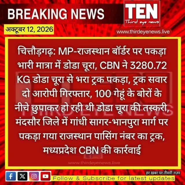 Chittorgarh: MP-राजस्थान बॉर्डर पर CBN ने पकड़ा 3280.72 KG डोडा चूरा
#chittorgarhnews #newsupdate #latestnews