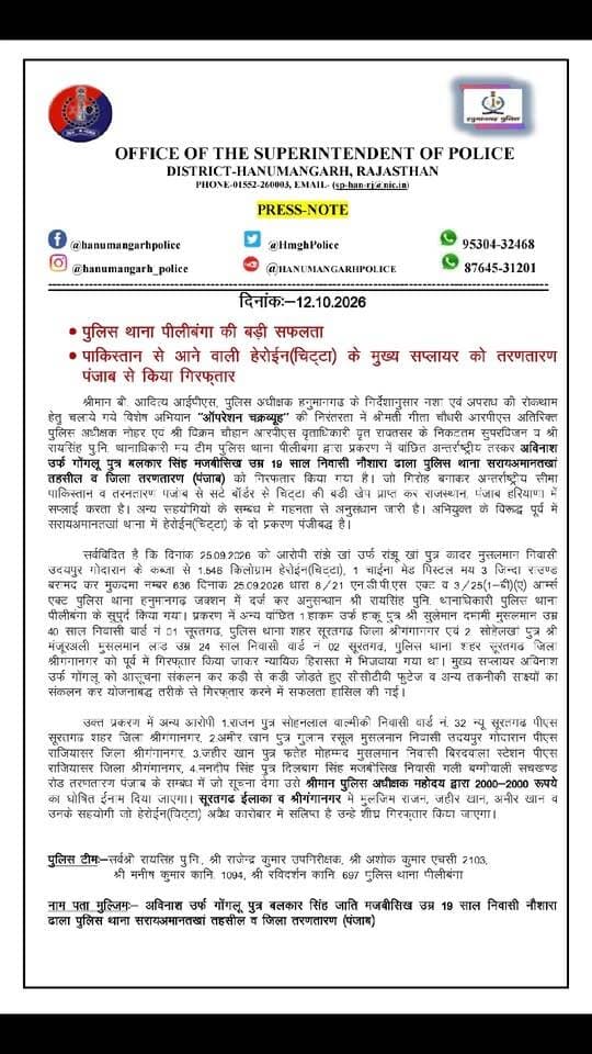 पीलीबंगा (हनुमानगढ़)
पाक बॉर्डर से चिट्टा सप्लाई करने वाला मुख्य तस्कर तरणतारण (पंजाब) से गिरफ्तार, 'ऑपरेशन चक्रव्यूह' के तहत पीलीबंगा पुलिस की बड़ी कार्यवाही।
पीलीबंगा थानाधिकारी रायसिंह मय टीम ने दबोचा अंतरराष्ट्रीय तस्कर अविनाश उर्फ गोंगलू, राजस्थान-पंजाब-हरियाणा में फैला रखा था नेटवर्क।
1.546 किलो हेरोइन व विदेशी पिस्टल बरामदगी मामले में जुड़ी थी कड़ी, पूर्व में सूरतगढ़ के दो तस्कर भेजे जा चुके हैं जेल।
पुलिस थाना हनुमानगढ़ जंक्शन में दर्ज है (मुकदमा नंबर 636, दिनांक 25.09.2026, धारा 8/21 NDPS एक्ट व 3/25 आर्म्स एक्ट)। इस मामले में पीलीबंगा सी आई राय सिंह सुथार कर रहे हैं अनुसंधान।
एसपी बी. आदित्य ने फरार चल रहे 4 अन्य वांछित आरोपियों (राजन, अमीर खान, जहीर खान व मनदीप सिंह) पर घोषित किया ₹2000-₹2000 का इनाम।
नशा तस्करों पर पुलिस का शिकंजा तेज सूरतगढ़ व श्रीगंगानगर इलाके में जुड़े अन्य संदिग्धों की तलाश में पुलिस की ताबड़तोड़ दबिश जारी।
#लालबहादुर_भाखर #Lalbahadurbhakhar #pilibanga #CrimeNews
@LbBhakharlive @HmgPolice @igpBikaner
रिपोर्ट लालबहादुर भाखर संवाददाता
9875131305
7014718676