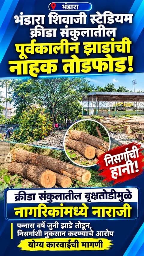 भंडारा शिवाजी स्टेडियम परिसरात ५० वर्षे जुन्या झाडांची कत्तल!क्रीडा संकुलातील वृक्षतोडीमुळे नागरिकांमध्ये नाराजी; निसर्गाच्या हानीबाबत संताप, चौकशी करून दोषींवर कारवाई करण्याची मागणी