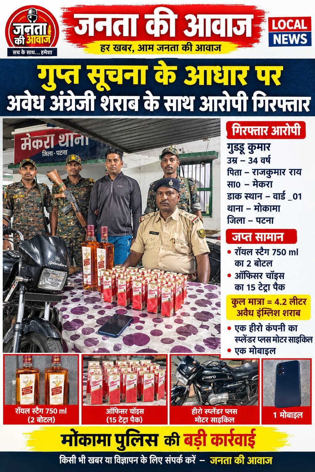 गुप्त सूचना के आधार गुड्डू कुमार उम्र 34 वर्ष पिता_ राजकुमार राय सा०_मेकरा डाक स्थान वार्ड _01 थाना _मोकामा जिला _ पटना को रॉयल स्टैग 750 ml का 2 बोटल ,ऑफिसर चॉइस का 15 टेट्रा पैक कुल मात्रा=4.2 लीटर अवैध इंग्लिश शराब के साथ एक हीरो कंपनी का स्प्लेंडर प्लस मोटर साइकिल और एक मोबाइल को विधिवत जप्त किया गया है।
<nis:link nis:type=tag nis:id=mokama nis:value=Mokama nis:enabled=true nis:link/> <nis:link nis:type=tag nis:id=biharpolice nis:value=BiharPolice nis:enabled=true nis:link/> <nis:link nis:type=tag nis:id=bihar nis:value=bihar nis:enabled=true nis:link/>