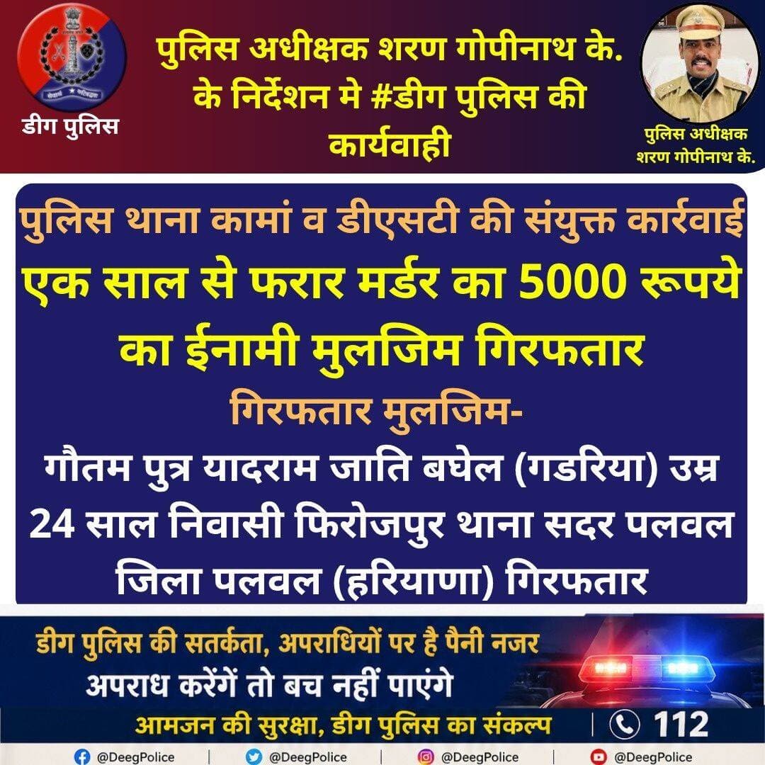 पुलिस अधीक्षक शरण गोपीनाथ के. के निर्देशन मे <nis:link nis:type=tag nis:id=डीग nis:value=डीग nis:enabled=true nis:link/> पुलिस की कार्यवाही
पुलिस थाना कामां व डीएसटी की संयुक्त कार्रवाई
एक साल से फरार मर्डर का 5000 रूपये का ईनामी मुलजिम गिरफतार
<nis:link nis:type=tag nis:id=deegpolice nis:value=DeegPolice nis:enabled=true nis:link/> <nis:link nis:type=tag nis:id=rajasthanpolice nis:value=RajasthanPolice nis:enabled=true nis:link/>
Rajasthan Police