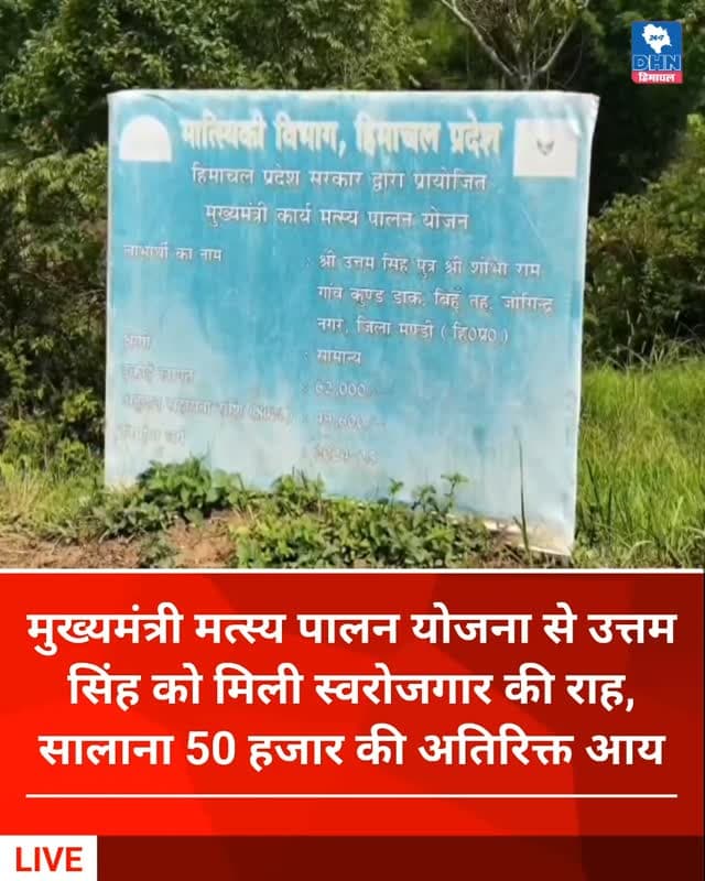 मुख्यमंत्री मत्स्य पालन योजना से मंडी के उत्तम सिंह को मिली स्वरोजगार की राह, सालाना 50 हजार की अतिरिक्त आय
सरकारी अनुदान और प्रशिक्षण से शुरू किया मछली पालन का व्यवसाय, युवाओं को आत्मनिर्भर बनने का दिया संदेश.... 👇🏻