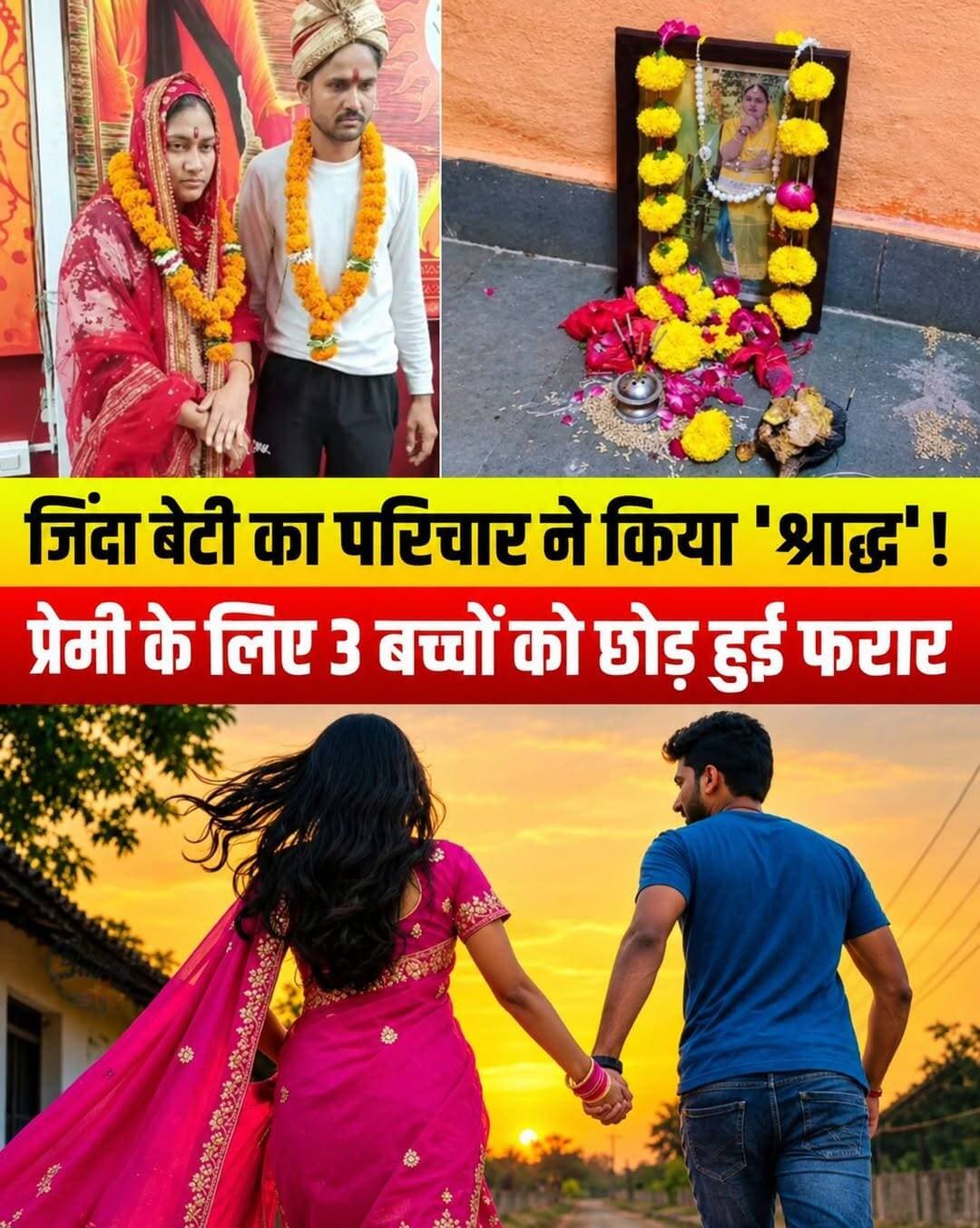 प्यार में अंधी हुई मां: 3 मासूमों को बिलखता छोड़ प्रेमी संग भागी, गुस्साए परिवार ने जिंदा रहते किया श्राद्ध!
राजस्थान के बारां जिले से एक ऐसा हैरान करने वाला मामला सामने आया है, जिसे सुनकर हर कोई सन्न है। रिश्तों को शर्मसार करने वाली इस घटना ने पूरे इलाके में हलचल मचा दी है।
क्या है पूरा मामला? 👇
भंवरगढ़ इलाके की रहने वाली 3 बच्चों की मां (लोकेश) अपने प्रेमी के साथ घर छोड़कर चली गई। बताया जा रहा है कि उसका पिछले 2 साल से अफेयर चल रहा था। परिवार वालों को जब इसकी भनक लगी तो उन्होंने उसे बहुत समझाया, लेकिन वो अपनी जिद पर अड़ी रही और आखिर में प्रेमी संग फरार हो गई।
गुस्साए परिवार ने उठाया खौफनाक कदम 💔
महिला के इस धोखे से परिवार इस कदर आहत हुआ कि उन्होंने उससे हमेशा के लिए सारे रिश्ते-नाते तोड़ लिए। हद तो तब हो गई जब शनिवार को परिजनों ने अपनी जीवित बेटी का 'प्रतीकात्मक श्राद्ध' कर दिया। परिवार ने साफ संदेश दे दिया है कि उनके लिए अब वो मर चुकी है।
पीछे छूट गए 3 मासूम... 😢
इस पूरी घटना में सबसे ज्यादा नुकसान उन 3 मासूम बच्चों का हुआ है, जो अपनी मां के लौटने का इंतजार कर रहे हैं। वहीं पति भी इस सदमे से बुरी तरह टूट चुका है।
<nis:link nis:type=tag nis:id=rajasthannews nis:value=RajasthanNews nis:enabled=true nis:link/> <nis:link nis:type=tag nis:id=lovemarriage nis:value=LoveMarriage nis:enabled=true nis:link/> <nis:link nis:type=tag nis:id=shockingnews nis:value=ShockingNews nis:enabled=true nis:link/> <nis:link nis:type=tag nis:id=viralnews nis:value=ViralNews nis:enabled=true nis:link/> <nis:link nis:type=tag nis:id=familydrama nis:value=FamilyDrama nis:enabled=true nis:link/>