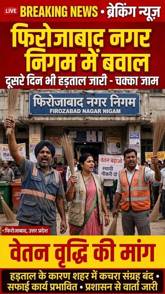 फिरोजाबाद नगर निगम में सफाई कर्मचारियों का दूसरे दिन भी जोरदार प्रदर्शन - वेतन वृद्धि की मांग!
फिरोजाबाद नगर निगम में उत्तर प्रदेशीय ठेका सफाई कर्मचारी संघ के नेतृत्व में लायंस सर्विसेज के कर्मचारियों ने वेतन वृद्धि को लेकर प्रदर्शन किया।
प्रदर्शन के दौरान कर्मचारियों ने "बोल मजूरा हल्ला बोल" के नारे लगाए। संघ का कहना है कि 15 हजार वेतन की मांग पूरी नहीं होने तक आंदोलन जारी रहेगा। आगरा नगर निगम की तर्ज पर वेतन बढ़ाने की मांग की जा रही है।
दूसरे दिन भी चक्का जाम और काम बंद हड़ताल जारी रही। संघ के नेता योगेश सरन, कृष्ण मुरारी, पवनदीप चौहान और विनय चौहान ने कहा कि कंपनी अधिकारी नदारद हैं और निगम प्रशासन सुन नहीं रहा।
#FirozabadNagarNigam #FirozabadNews #SafaiKarmachari #Hadtal #VetanVriddhi #LionsServices #UPNews #BreakingNews