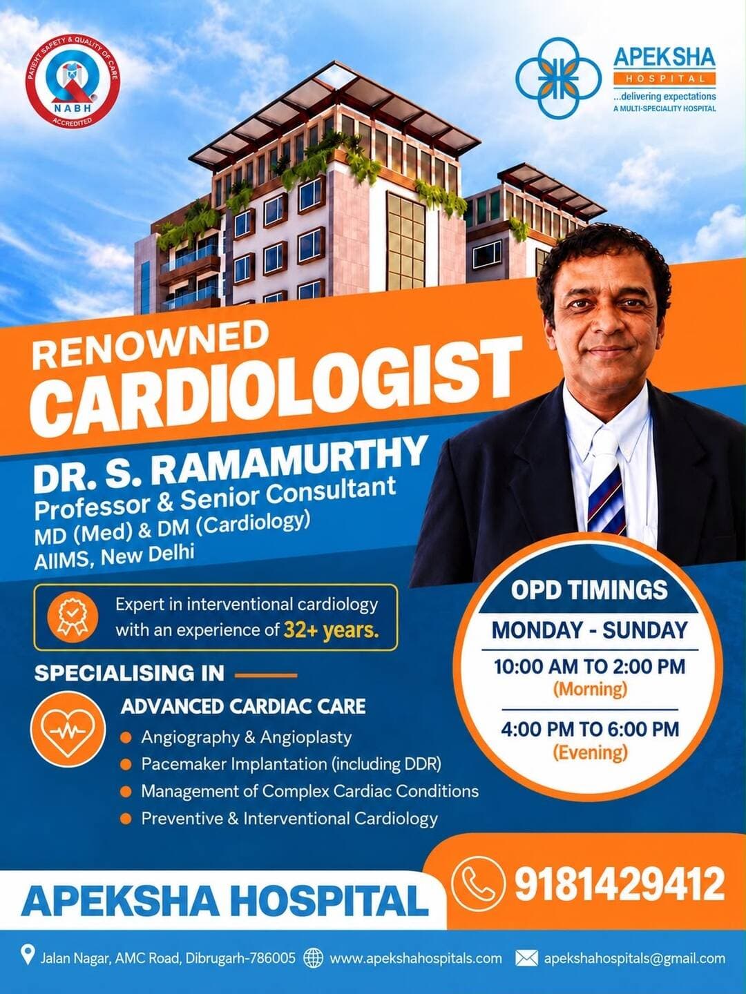 𝗗𝗿.𝗦.𝗥𝗮𝗺𝗮𝗺𝘂𝗿𝘁𝗵𝘆
𝗙𝘂𝗹𝗹 𝘁𝗶𝗺𝗲 𝗖𝗮𝗿𝗱𝗶𝗼𝗹𝗼𝗴𝗶𝘀𝘁 𝗮𝘁 𝗔𝗽𝗲𝗸𝘀𝗵𝗮 𝗛𝗼𝘀𝗽𝗶𝘁𝗮𝗹
Renowned Expert from AIIMS (New Delhi) with an experience of 32+ years in interventional Cardiology.