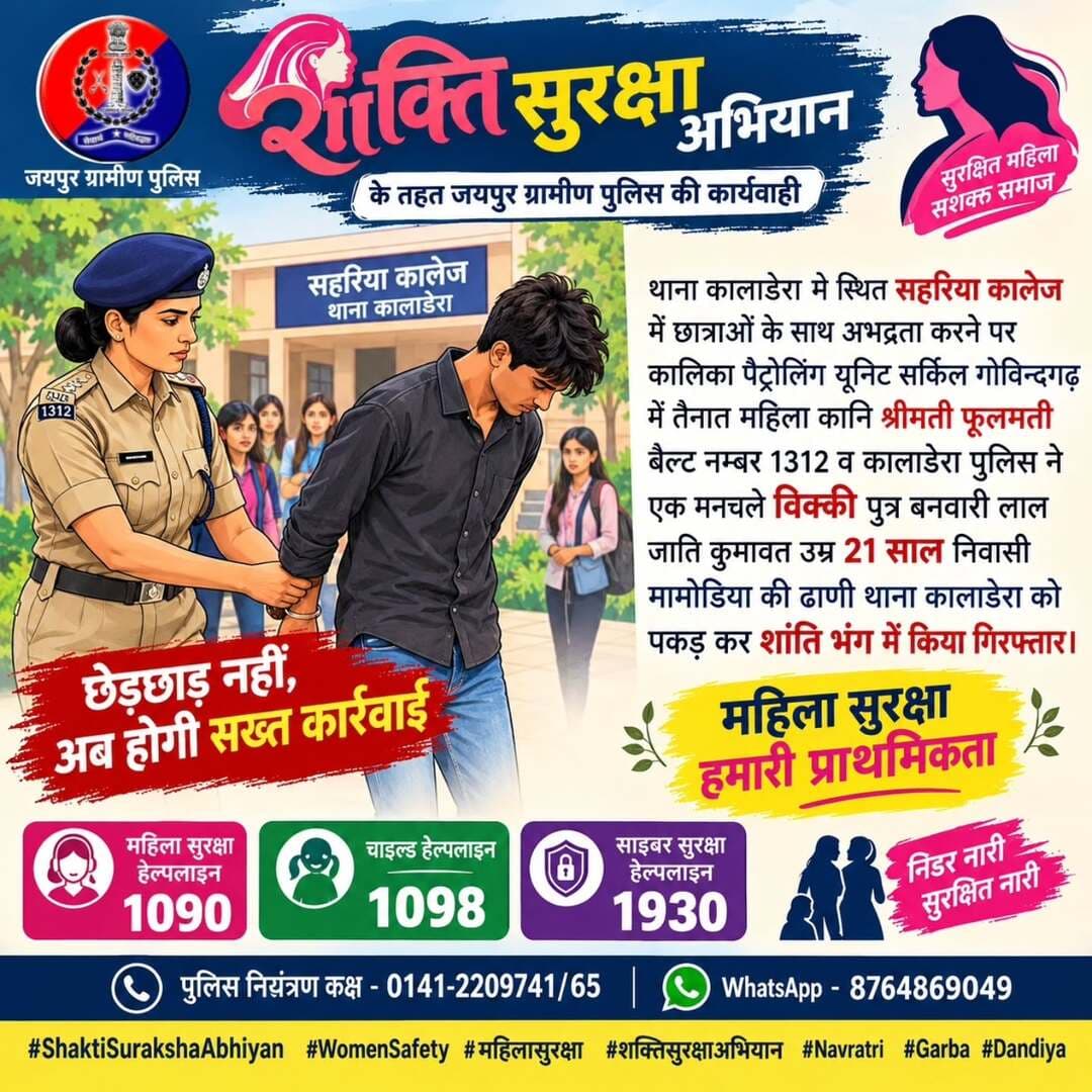 Jaipur_Rural: 🛡️ शक्ति सुरक्षा अभियान के तहत जयपुर ग्रामीण पुलिस की प्रभावी कार्रवाई 🛡️
👮♀️ छात्राओं से अभद्रता करने वाले मनचले पर कार्रवाई
थाना कालाडेरा क्षेत्र स्थित सहरिया कॉलेज में छात्राओं के साथ अभद्रता करने की सूचना पर कालिका पेट्रोलिंग यूनिट, सर्किल गोविन्दगढ़ में तैनात महिला कांस्टेबल श्रीमती फूलमती, बैल्ट नम्बर 1312 एवं थाना कालाडेरा पुलिस द्वारा त्वरित कार्रवाई की गई।
पुलिस टीम ने आरोपी विक्की पुत्र बनवारी लाल, जाति कुमावत, उम्र 21 वर्ष, निवासी मामोडिया की ढाणी, थाना कालाडेरा को पकड़कर शांति भंग के आरोप में गिरफ्तार किया।
🚨 छेड़छाड़ एवं महिलाओं/बालिकाओं के साथ अभद्र व्यवहार करने वालों के विरुद्ध जयपुर ग्रामीण पुलिस की सख्त कार्रवाई जारी है।
📞 महिला सुरक्षा हेल्पलाइन – 1090
📞 चाइल्ड हेल्पलाइन – 1098
📞 साइबर सुरक्षा हेल्पलाइन – 1930
☎️ पुलिस नियंत्रण कक्ष – 0141-2209741/65
📱 WhatsApp – 8764869049
🛡️ महिला सुरक्षा हमारी प्राथमिकता।
🤝 सुरक्षित महिला — सशक्त समाज।
<nis:link nis:type=tag nis:id=shaktisurakshaabhiyan nis:value=ShaktiSurakshaAbhiyan nis:enabled=true nis:link/> <nis:link nis:type=tag nis:id=womensafety nis:value=WomenSafety nis:enabled=true nis:link/> <nis:link nis:type=tag nis:id=महिलासुरक्षा nis:value=महिलासुरक्षा nis:enabled=true nis:link/> <nis:link nis:type=tag nis:id=शक्तिसुरक्षाअभियान nis:value=शक्तिसुरक्षाअभियान nis:enabled=true nis:link/> <nis:link nis:type=tag nis:id=navratri nis:value=Navratri nis:enabled=true nis:link/> Garba Dandiya JaipurRuralPolice
@policerajasthan @igpjaipur @diprrajasthan @kaladerapolice_jaipurrural
