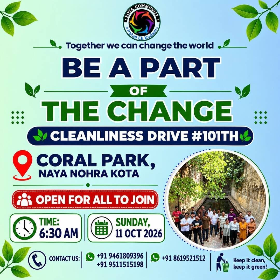 BE A PART OF A CHANGE,CLEANLINESS DRIVE <nis:link nis:type=tag nis:id=101 nis:value=101 nis:enabled=true nis:link/>
Location: CORAL PARK ,NAYA NOHRA
Sunday,11 Oct 2026 , 6:30 AM
