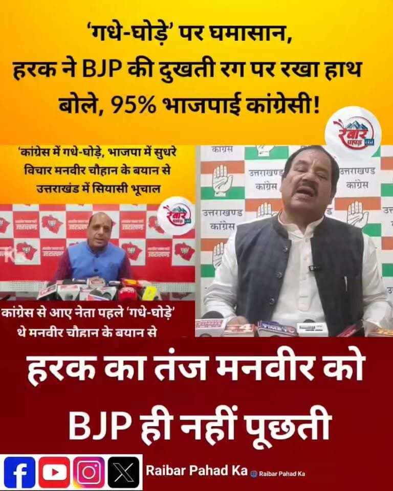 मनवीर चौहान के ‘गधे-घोड़े’ वाले बयान पर बवाल, हरक बोले— BJP खुद नहीं देती भाव!
उत्तराखंड की सियासत में जुबानी जंग तेज हो गई है। भाजपा के प्रदेश मीडिया प्रभारी मनवीर चौहान के ‘गधे-घोड़े’ वाले बयान पर कांग्रेस के वरिष्ठ नेता एवं पूर्व कैबिनेट मंत्री हरक सिंह रावत ने करारा पलटवार किया है।
हरक सिंह रावत ने कहा— भाजपा खुद मनवीर चौहान को गंभीरता से नहीं लेती। इतना ही नहीं, उन्होंने तंज कसते हुए कहा कि भाजपा में 95 प्रतिशत लोग कांग्रेसी हैं।
मनवीर चौहान के बयान से शुरू हुआ विवाद अब राजनीतिक आरोप-प्रत्यारोप में बदल गया है। हरक सिंह रावत के इस बयान से उत्तराखंड की सियासत में नई बहस छिड़ गई है।
गधे-घोड़े वाले बयान पर सियासी घमासान! अब भाजपा की ओर से इस पलटवार पर क्या प्रतिक्रिया आती है, इस पर सबकी नजरें रहेंगी।
उत्तराखंड की सियासत की हर बड़ी खबर के लिए जुड़े रहिए— रैबार पहाड़ का के साथ।
#मनवीर_चौहान #हरक_सिंह_रावत #उत्तराखंड_राजनीति #बीजेपी #कांग्रेस #सियासी_घमासान #RaibarPahad