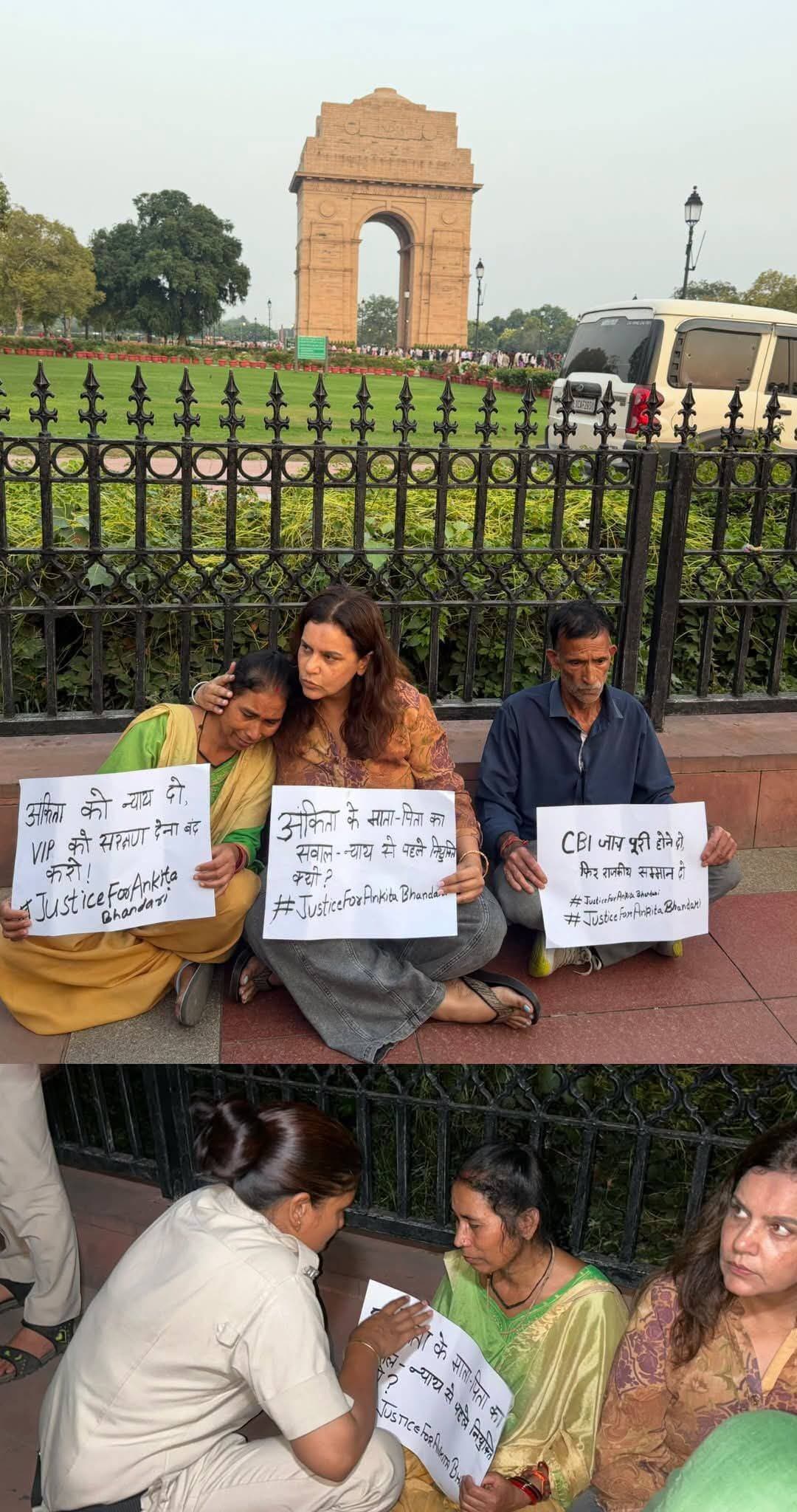 इंडिया गेट के बाहर अंकिता भंडारी के माता पिता धरने पर बैठे है उनका कहना है सिक्किम के राज्यपाल पद पर दुष्यंत कुमार की नियुक्ति रद्द हो जब तक उनकी बेटी के मामले की सीबीआई जांच पूर्ण नहीं हो जाती।