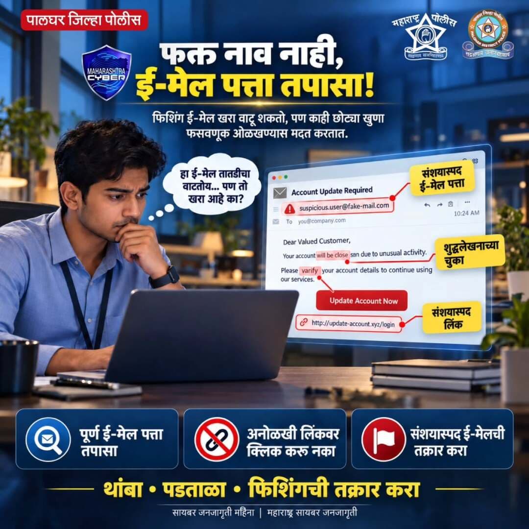 फक्त नाव पाहून ई-मेलवर विश्वास ठेवू नका, संपूर्ण ई-मेल पत्ता तपासा.
संशयास्पद लिंक आणि शुद्धलेखनाच्या चुका ओळखा, फसवणुकीपासून सावध राहा.
संशयास्पद ई-मेलची तक्रार करा आणि सायबर फसवणूक टाळा.
<nis:link nis:type=tag nis:id=cyber_awareness_month nis:value=cyber_awareness_month nis:enabled=true nis:link/> <nis:link nis:type=tag nis:id=cybersecurity nis:value=cybersecurity nis:enabled=true nis:link/> <nis:link nis:type=tag nis:id=cybersafety nis:value=CyberSafety nis:enabled=true nis:link/> <nis:link nis:type=tag nis:id=cyberhelpline_number_1930 nis:value=cyberhelpline_number_1930 nis:enabled=true nis:link/> <nis:link nis:type=tag nis:id=maharashtrapoliceheadquarter nis:value=maharashtrapoliceheadquarter nis:enabled=true nis:link/> Palgharpolice