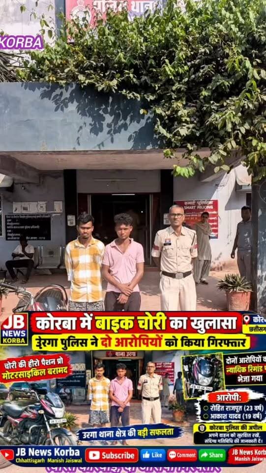 कोरबा में बाइक चोरी के मामले में पुलिस की त्वरित कार्रवाई, दो आरोपी गिरफ्तार,देखिए विडिओ
https://jbnewskorba.in/कोरबा-में-बाइक-चोरी-के-माम/