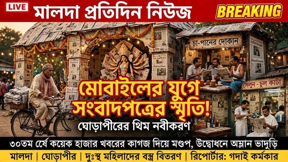 গদাই কর্মকার মালদাঃ মোবাইলের যুগে সংবাদপত্রের স্মৃতি ফেরাতে ঘোড়াপীরের থিম ‘নবীকরণ’