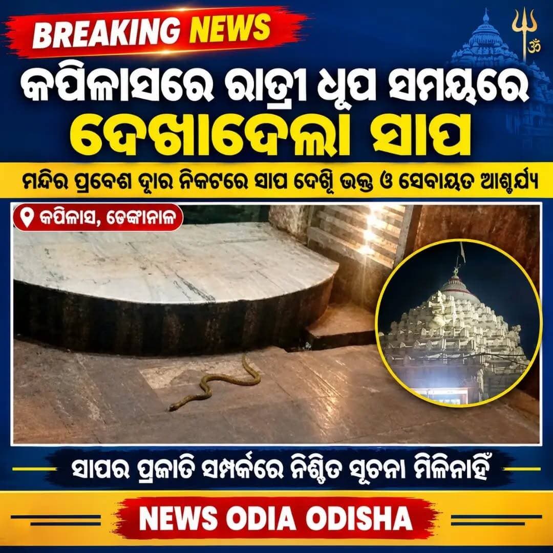 🔴 କପିଳାସରେ ରାତ୍ରୀ ଧୂପ ସମୟରେ ଦେଖାଦେଲା ବିରଳ ସାପ! ଭକ୍ତଙ୍କ ମଧ୍ୟରେ ଚର୍ଚ୍ଚା
📍 କପିଳାସ, ଢେଙ୍କାନାଳ
ଢେଙ୍କାନାଳ ଜିଲ୍ଲାର ପ୍ରସିଦ୍ଧ ଶୈବପୀଠ କପିଳାସ ଧାମରେ ରାତ୍ରୀ ଧୂପ ନୀତି ସମୟରେ ଏକ ସାପ ଦେଖାଯିବା ଘଟଣା ଭକ୍ତଙ୍କ ମଧ୍ୟରେ ଚର୍ଚ୍ଚାର ବିଷୟ ପାଲଟିଛି।
ସୂଚନା ଅନୁଯାୟୀ, ବାବା ଚନ୍ଦ୍ରଶେଖରଙ୍କ ରାତ୍ରୀ ଧୂପ ନୀତି ଚାଲିଥିବା ସମୟରେ ମନ୍ଦିରର ପ୍ରବେଶ ଦ୍ୱାର ନିକଟରେ ଏକ ସାପ ଦେଖାଦେଇଥିଲା। ସାପଟିକୁ ଦେଖି ଉପସ୍ଥିତ ଭକ୍ତ ଓ ସେବାୟତମାନେ ଆଶ୍ଚର୍ଯ୍ୟ ପ୍ରକାଶ କରିଥିଲେ।
ଏହି ଘଟଣାକୁ କେତେକ ଭକ୍ତ ମହାଦେବଙ୍କ ଲୀଳା ସହ ଯୋଡ଼ି ଦେଖୁଥିବା ବେଳେ, କିଛି ସମୟ ପରେ ସାପଟି ସେଠାରୁ ଚାଲିଯାଇଥିବା ଜଣାପଡ଼ିଛି। ଘଟଣାର ଦୃଶ୍ୟ ସୋସିଆଲ ମିଡିଆରେ ମଧ୍ୟ ପ୍ରସାରିତ ହେଉଛି।
ତେବେ ସାପଟିର ପ୍ରଜାତି ସମ୍ପର୍କରେ ନିଶ୍ଚିତ ସୂଚନା ମିଳିନାହିଁ।
🙏 ଜୟ ବାବା ଚନ୍ଦ୍ରଶେଖର! ହର ହର ମହାଦେବ!
© ନ୍ୟୁଜ୍ ଓଡ଼ିଆ ଓଡ଼ିଶା