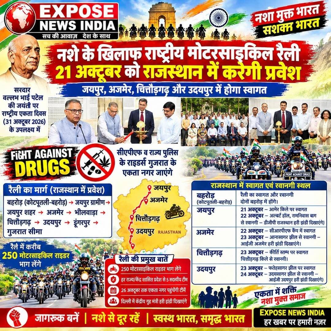 बदलाव लाने के लिए प्रतिबद्ध किया जाएगा।
---
नशे के खिलाफ राष्ट्रीय मोटरसाइकिल रैली 21 अक्टूबर को राजस्थान में करेगी प्रवेश; जयपुर, अजमेर, चित्तौड़गढ़ और उदयपुर में होगा स्वागत
° "FIGHT AGAINST DRUGS" थीम पर सीएपीएफ व राज्य पुलिस के राइडर्स गुजरात के एकता नगर जाएंगे
जयपुर 15 अक्टूबर। सरदार वल्लभ भाई पटेल की जयंती के उपलक्ष्य में 31 अक्टूबर 2026 को गुजरात के एकता नगर में आयोजित होने वाली राष्ट्रीय एकता दिवस परेड के तहत "FIGHT AGAINST DRUGS" विषय पर राष्ट्रीय मोटरसाइकिल रैली निकाली जा रही है। रैली में प्रत्येक राज्य, केन्द्र शासित प्रदेश, सीएपीएफ और सीपीओ से 5 सदस्यों की टीम शामिल होगी। ये टीमें अपने राज्य की राजधानी या बल मुख्यालय से रवाना होकर 26 अक्टूबर तक एकता नगर पहुंचेंगी। रैली में करीब 250 मोटरसाइकिल राइडर भाग लेंगे।
रैली हरियाणा बॉर्डर पर कोटपूतली-बहरोड़ जिले से राजस्थान में प्रवेश करेगी और जयपुर ग्रामीण, जयपुर शहर, अजमेर, भीलवाड़ा, चित्तौड़गढ़, उदयपुर व डूंगरपुर होते हुए गुजरात सीमा में प्रवेश करेगी।
अतिरिक्त महानिदेशक पुलिस कानून एवं व्यवस्था श्री वी के सिंह ने बताया कि कार्यक्रम के अनुसार 20 अक्टूबर को उत्तर प्रदेश पुलिस की टीम आगरा से जयपुर पहुंचेगी। 21 अक्टूबर को सीआरपीएफ, बीएसएफ, एनआईए, आरपीएफ, एनडीआरएफ, आईटीबीपी, सीआईएसएफ, एनएसजी, एसएसबी सहित विभिन्न बलों व राज्य पुलिस की संयुक्त रैली दिल्ली से रवाना होकर जयपुर आएगी, जिसे दिल्ली में केन्द्रीय गृह मंत्री हरी झंडी दिखाएंगे। रात्रि विश्राम जयपुर में होगा।
22 अक्टूबर को रैली जयपुर से अजमेर (135 किमी) पहुंचेगी, जहां से राजस्थान पुलिस की टीम भी उत्तर प्रदेश पुलिस के साथ रैली का हिस्सा बनेगी। 23 अक्टूबर को अजमेर से चित्तौड़गढ़ होते हुए उदयपुर (284 किमी) और 24 अक्टूबर को उदयपुर से गांधीनगर (260 किमी) का सफर तय किया जाएगा।
राजस्थान में रैली का स्वागत और रवानगी इस प्रकार होगी:
● बहरोड़ (कोटपूतली-बहरोड़): रैली का स्वागत और रवानगी दोनों बहरोड़ में होंगे।
● जयपुर: रैली का स्वागत 21 अक्टूबर को आमेर किले पर किया जाएगा। अगले दिन 22 अक्टूबर को अल्बर्ट हॉल, रामनिवास बाग से रैली को रवाना किया जाएगा, जहां डीजीपी राजस्थान हरी झंडी दिखाएंगे।
● अजमेर: रैली 22 अक्टूबर को सीआरपीएफ कैंप पहुंचेगी, जहां उसका स्वागत होगा। 23 अक्टूबर को आनासागर झील से रवानगी होगी, जहां आईजी अजमेर हरी झंडी दिखाएंगे।
● चित्तौड़गढ़: 23 अक्टूबर को कीर्ति स्तम्भ पर रैली का स्वागत होगा। उसी दिन चित्तौड़गढ़ किले से रैली रवाना होगी।
● उदयपुर: 23 अक्टूबर को फतेहसागर झील पर रैली का स्वागत किया जाएगा। 24 अक्टूबर को उदयसागर झील से रवानगी होगी, जहां आईजी उदयपुर हरी झंडी दिखाएंगे।
स्वागत एवं रवानगी स्थलों पर जयपुर में पुलिस उपायुक्त उत्तर श्री करण शर्मा व पुलिस उपायुक्त पूर्व श्रीमती रंजीता शर्मा, कोटपूतली-बहरोड़ में एसपी श्री सतवीर सिंह, अजमेर में एसपी श्री हर्षवर्धन अग्रवाला, चित्तौड़गढ़ में एसपी श्री धर्मेन्द्र सिंह और उदयपुर में एसपी डॉ. अमृता दुहन को प्रभारी अधिकारी नियुक्त किया गया है।
एडीजी श्री सिंह ने बताया कि रवानगी स्थलों पर स्कूल-कॉलेज के विद्यार्थियों और आमजन के साथ संवाद कार्यक्रम होंगे। ठहराव स्थलों पर एनजीओ, एनसीबी अधिकारियों, इच्छुक महिलाओं तथा एनसीसी-एनएसएस सहित स्कूल, कॉलेज व विश्वविद्यालयों के विद्यार्थियों की भागीदारी से नशे के विरुद्ध जागरूकता संवाद कराया जाएगा।
स्वागत स्थलों पर "FIGHT AGAINST DRUGS" के बैनर, बंटिंग और फ्लायर्स लगाए जाएंगे। प्रमुख स्थानों पर होर्डिंग लगाकर नशे के खिलाफ लड़ाई और राष्ट्रीय एकता दिवस के प्रतीक प्रदर्शित किए जाएंगे।
व्यवस्थाओं के लिए उप महानिरीक्षक पुलिस आर्म्ड बटालियन श्रीमती श्वेता धनखड़ को राजस्थान का नोडल अधिकारी नियुक्त किया गया है। सभी जिलों के एसपी रैली के लिए लाइजनिंग अधिकारी नियुक्त करेंगे, एस्कॉर्ट पार्टी उपलब्ध कराएंगे तथा यातायात व सुरक्षित पार्किंग सुनिश्चित करेंगे। ब्रेक डाउन या चिकित्सकीय आपात स्थिति में भी संबंधित एसपी तत्काल सहायता देंगे। प्रत्येक जिले में आरपीएस रैंक के अधिकारी की अगुवाई में कंट्रोल रूम स्थापित कर रैली की निगरानी की जाएगी।
पांचवीं बटालियन आरएसी, जयपुर द्वारा गाइडिंग वाहन तथा राजस्थान पुलिस टीम के मैकेनिक व सामान के लिए वाहन की व्यवस्था की जाएगी। गाइडिंग वाहन में आरपीएस स्तर का अधिकारी कोटपूतली-बहरोड़ से उदयपुर तक साथ रहेगा। टीमों के आवास व भोजन की व्यवस्था उदयपुर में एसपी, जयपुर में निदेशक राजस्थान पुलिस अकादमी व चतुर्थ/पांचवीं बटालियन के कमाण्डेन्ट तथा अजमेर में सीआरपीएफ द्वारा की जाएगी।
इन जिलों में रैली के मार्ग में फोटो-वीडियो और ड्रोन से स्वागत व फ्लैग ऑफ समारोह की वीडियोग्राफी की जाएगी। इन्हें एकता दिवस परेड में दिखाई जाने वाली शॉर्ट फिल्म में शामिल किया जाएगा।