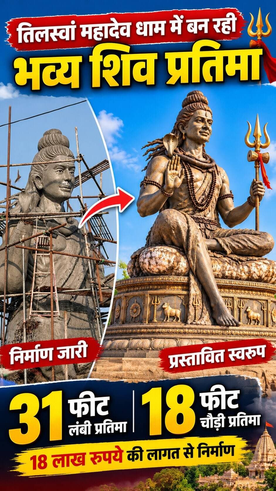 🔱 तिलस्वां महादेव धाम में साकार हो रही भोलेनाथ की भव्य प्रतिमा! 🚩🙏
भीलवाड़ा जिले के प्रसिद्ध तिलस्वां महादेव धाम में भगवान शिव की विशाल प्रतिमा का निर्माण कार्य जारी है। करीब 18 लाख रुपये की लागत से बन रही यह प्रतिमा 31 फीट लंबी और 18 फीट चौड़ी होगी।
🔱 ध्यानमग्न मुद्रा में विराजेंगे महादेव
🙏 आशीर्वाद की मुद्रा और हाथ में त्रिशूल
🚩 निर्माण पूरा होने पर श्रद्धालुओं के आकर्षण का बनेगी केंद्र
श्रावण मास और महाशिवरात्रि पर जहां देशभर से श्रद्धालु दर्शन के लिए पहुंचते हैं, वहीं यह भव्य प्रतिमा धाम की धार्मिक पहचान को एक नया स्वरूप देगी।
हर हर महादेव! 🕉️🔱
📍 तिलस्वां महादेव धाम, राजस्थान
📲 ऐसी ही धार्मिक और स्थानीय खबरों के लिए फॉलो करें @rajasthanfocus
#TilaswanMahadev #तिलस्वांमहादेव #Mahadev #HarHarMahadev #Bhilwara RajasthanFocus ShivBhakti LordShiva RajasthanNews महादेव शिवभक्ति राजस्थान