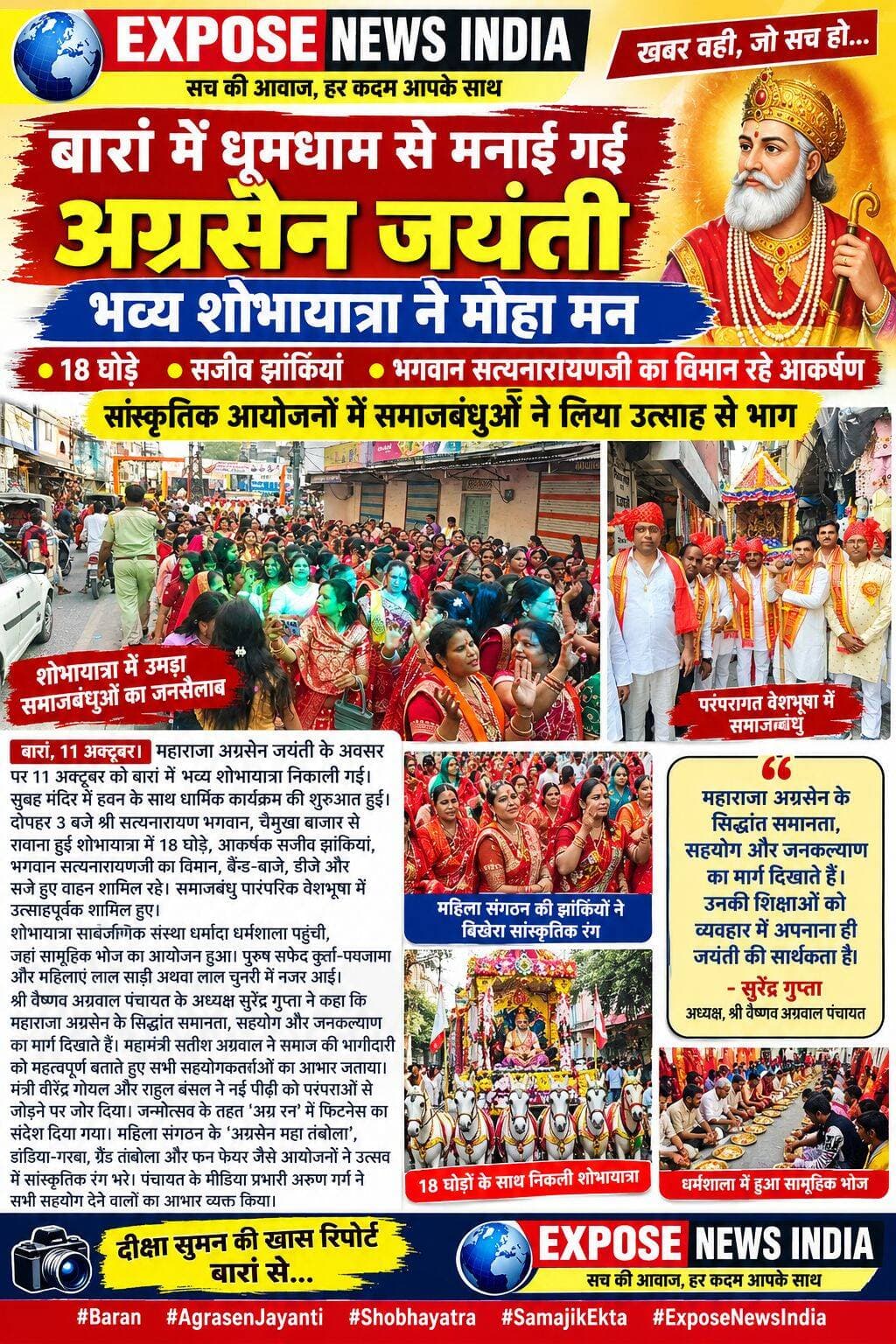 बारां में धूमधाम से मनाई गई अग्रसेन जयंती, भव्य शोभायात्रा ने मोहा मन
बारां, 11 अक्टूबर। महाराजा अग्रसेन जयंती के अवसर पर बारां में भव्य शोभायात्रा निकाली गई। श्री सत्यनारायण भगवान मंदिर, चौमुखा बाजार से रवाना हुई शोभायात्रा में 18 घोड़े, आकर्षक सजीव झांकियां, भगवान सत्यनारायणजी का विमान, बैंड-बाजे और सजे हुए वाहन आकर्षण का केंद्र रहे।
पारंपरिक वेशभूषा में बड़ी संख्या में समाजबंधु शामिल हुए। महिलाओं ने लाल साड़ी और लाल चुनरी में उत्साह के साथ भाग लिया, वहीं पुरुष सफेद कुर्ता-पायजामा में नजर आए। शोभायात्रा के दौरान पूरा शहर धार्मिक एवं सांस्कृतिक रंग में रंगा दिखाई दिया।
शोभायात्रा सार्वजनिक संस्था धर्मादा धर्मशाला पहुंची, जहां सामूहिक भोज का आयोजन किया गया। जन्मोत्सव के तहत ‘अग्र रन’, अग्रसेन महा तंबोला, डांडिया-गरबा, ग्रैंड तंबोला और फन फेयर जैसे कार्यक्रमों ने भी लोगों का खूब उत्साह बढ़ाया।
श्री वैष्णव अग्रवाल पंचायत अध्यक्ष सुरेंद्र गुप्ता ने कहा कि महाराजा अग्रसेन के सिद्धांत समानता, सहयोग और जनकल्याण का मार्ग दिखाते हैं। उनकी शिक्षाओं को जीवन में अपनाना ही जयंती की सच्ची सार्थकता है।
दीक्षा सुमन की खास रिपोर्ट, बारां से — एक्सपोज न्यूज़ इंडिया।
<nis:link nis:type=tag nis:id=baran nis:value=Baran nis:enabled=true nis:link/> <nis:link nis:type=tag nis:id=agrasenjayanti nis:value=AgrasenJayanti nis:enabled=true nis:link/> <nis:link nis:type=tag nis:id=maharajaagrasen nis:value=MaharajaAgrasen nis:enabled=true nis:link/> <nis:link nis:type=tag nis:id=agrasenjayanti2026 nis:value=AgrasenJayanti2026 nis:enabled=true nis:link/> <nis:link nis:type=tag nis:id=shobhayatra nis:value=Shobhayatra nis:enabled=true nis:link/> <nis:link nis:type=tag nis:id=barannews nis:value=BaranNews nis:enabled=true nis:link/> <nis:link nis:type=tag nis:id=agrawalsamaj nis:value=AgrawalSamaj nis:enabled=true nis:link/> <nis:link nis:type=tag nis:id=samajikekta nis:value=SamajikEkta nis:enabled=true nis:link/> <nis:link nis:type=tag nis:id=sanatansanskriti nis:value=SanatanSanskriti nis:enabled=true nis:link/> <nis:link nis:type=tag nis:id=rajasthannews nis:value=RajasthanNews nis:enabled=true nis:link/> <nis:link nis:type=tag nis:id=viralnews nis:value=ViralNews nis:enabled=true nis:link/> <nis:link nis:type=tag nis:id=exposenewsindia nis:value=ExposeNewsIndia nis:enabled=true nis:link/> <nis:link nis:type=tag nis:id=dikshasuman nis:value=DikshaSuman nis:enabled=true nis:link/> <nis:link nis:type=tag nis:id=जयश्रीअग्रसेन nis:value=जयश्रीअग्रसेन nis:enabled=true nis:link/>