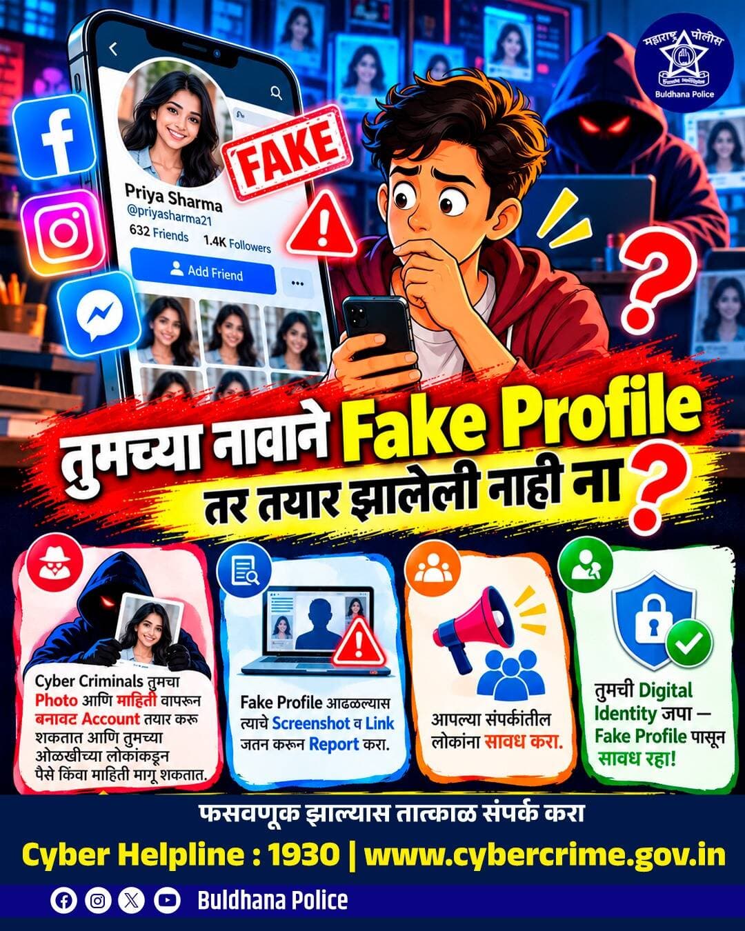 तुमच्या नावाने फेक प्रोफाइल तर तयार करण्यात आले नाही ना ?
फसवणूक झाल्यास तात्काळ
सायबर हेल्पलाईन संपर्क -१९३०
www.cybercrime .gov.in
<nis:link nis:type=tag nis:id=cyberawarenessmonth nis:value=cyberawarenessmonth nis:enabled=true nis:link/>
<nis:link nis:type=tag nis:id=fakeprofilealert nis:value=fakeprofilealert nis:enabled=true nis:link/>
<nis:link nis:type=tag nis:id=cyberfraudawareness nis:value=cyberfraudawareness nis:enabled=true nis:link/>
<nis:link nis:type=tag nis:id=buldhanapolice nis:value=buldhanapolice nis:enabled=true nis:link/>
<nis:link nis:type=tag nis:id=buldhanadistrict nis:value=buldhanadistrict nis:enabled=true nis:link/>