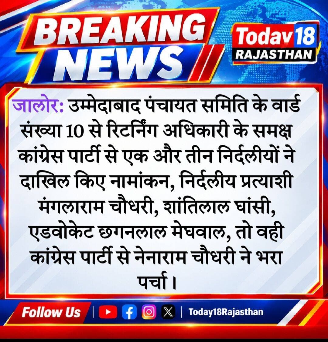 <nis:link nis:type=tag nis:id=जालोर: nis:value=जालोर: nis:enabled=true nis:link/> उम्मेदाबाद पंचायत समिति के वार्ड-10 से कांग्रेस के नेनाराम चौधरी सहित और तीन निर्दलीय प्रत्याशियों ने दाखिल किए नामांकन