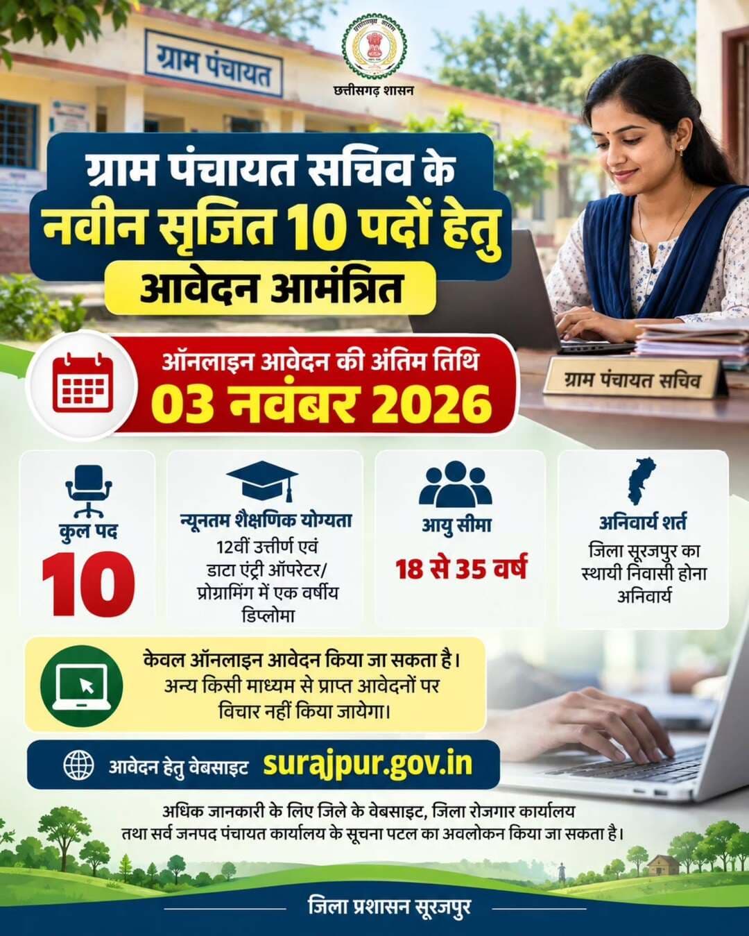 क्या आपको पता है? 📢
जिला सूरजपुर में ग्राम पंचायत सचिव के 10 नवीन पदों पर भर्ती के लिए आवेदन आमंत्रित हैं। पात्र अभ्यर्थी 03 नवंबर 2026 तक ऑनलाइन आवेदन कर सकते हैं।
🌐 आवेदन करें: surajpur.gov.in
<nis:link nis:type=tag nis:id=क्या_आपको_पता_है nis:value=क्या_आपको_पता_है nis:enabled=true nis:link/> <nis:link nis:type=tag nis:id=रोजगार nis:value=रोजगार nis:enabled=true nis:link/> <nis:link nis:type=tag nis:id=भर्ती nis:value=भर्ती nis:enabled=true nis:link/> <nis:link nis:type=tag nis:id=सूरजपुर nis:value=सूरजपुर nis:enabled=true nis:link/> <nis:link nis:type=tag nis:id=जिला_प्रशासन_सूरजपुर nis:value=जिला_प्रशासन_सूरजपुर nis:enabled=true nis:link/>
@chhattisgarhcmo @ministryofpanchayatiraj @prdcggov @dpr.chhattisgarh @rena_jamil_ias @vijendrasinghpatle