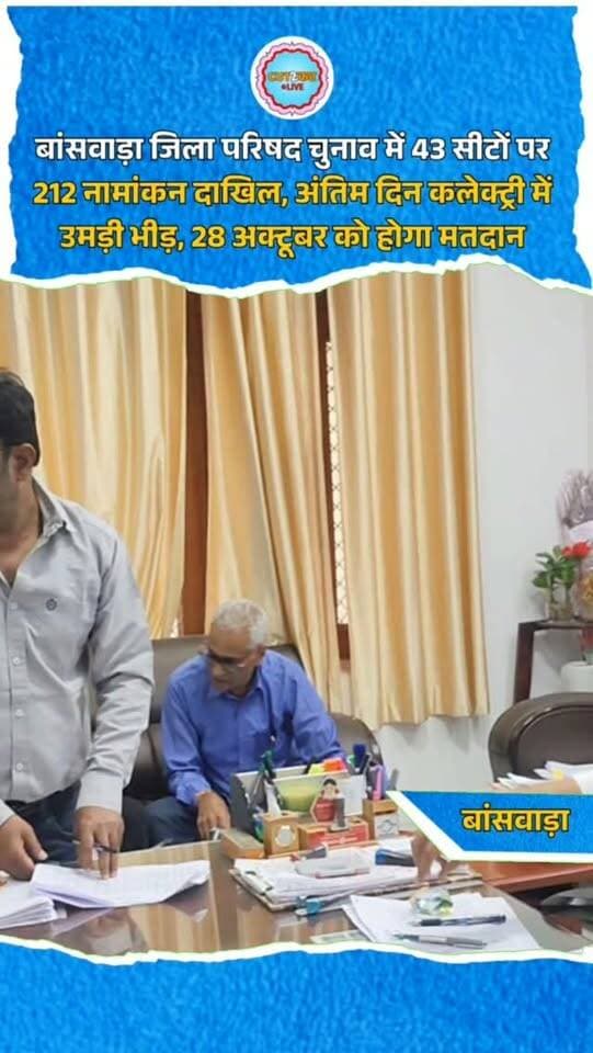बांसवाड़ा जिला परिषद चुनाव में 43 सीटों पर 212 नामांकन दाखिल, अंतिम दिन कलेक्ट्री में उमड़ी भीड़, 28 अक्टूबर को होगा मतदान
बांसवाड़ा। जिला परिषद चुनाव को लेकर जिले में राजनीतिक सरगर्मियां तेज हो गई हैं। 43 सीटों के लिए नामांकन प्रक्रिया शुक्रवार दोपहर 3 बजे संपन्न हुई। अंतिम दिन 80 नामांकन प्राप्त हुए, जबकि पूरी प्रक्रिया में कुल 212 नामांकन दाखिल किए गए। अंतिम समय तक कलेक्ट्री परिसर में उम्मीदवारों और समर्थकों की भीड़ रही। वार्ड 32 से रूपसिंह ने समय सीमा समाप्त होने से एक मिनट पहले निर्दलीय प्रत्याशी के रूप में पर्चा दाखिल किया। जिला निर्वाचन अधिकारी डॉ. इंद्रजीत यादव के अनुसार, शनिवार सुबह 11 बजे नामांकन पत्रों की जांच होगी। बांसवाड़ा में 28 अक्टूबर को मतदान होगा।
#Banswara #BanswaraNews #RajasthanNews #ZilaParishadElection