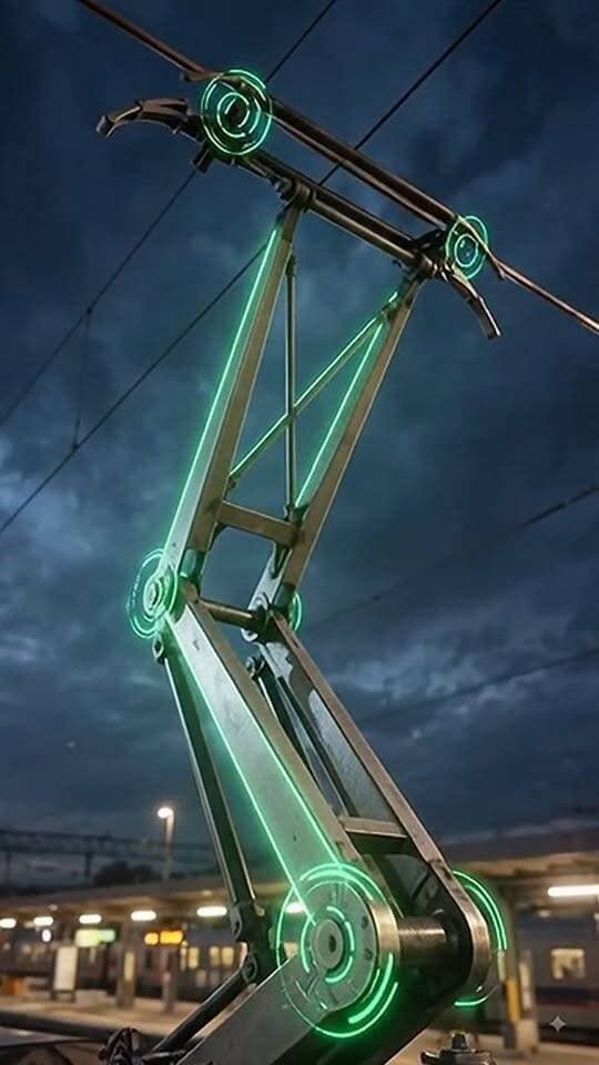 A close look at a train pantograph powering up against the evening sky. Tell us what else you want to see. #publictransit #trainspotting #technology