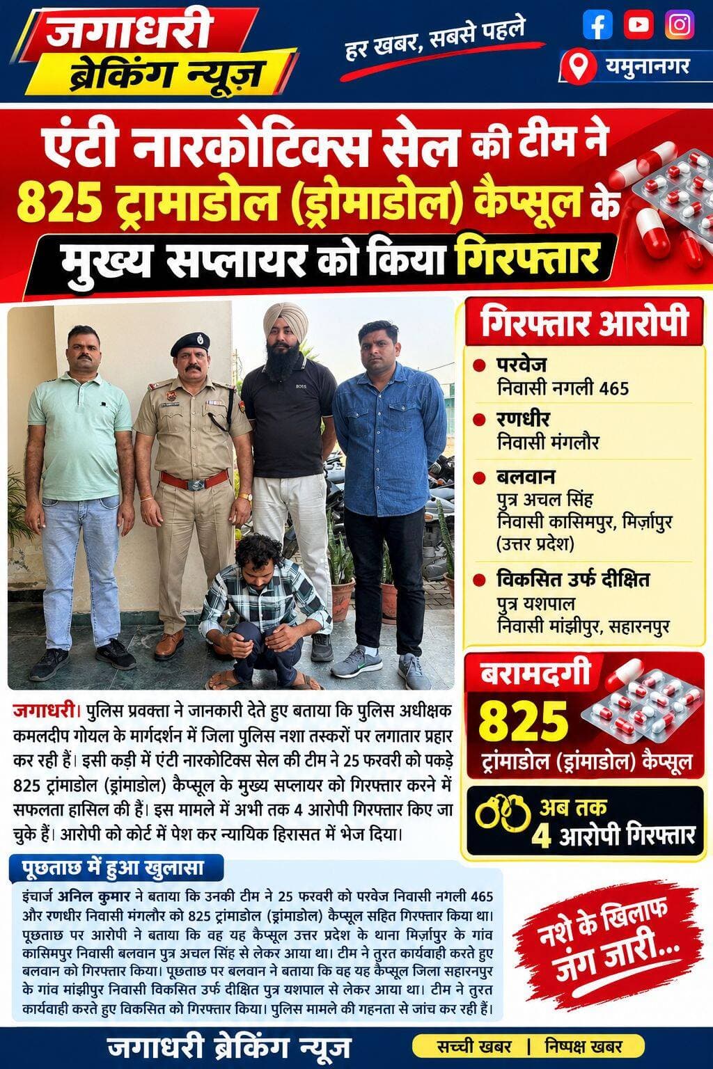 एंटी नारकोटिक्स सेल की टीम ने पकड़े 825 ट्रामाडोल (ड्रॉमाडोल) कैप्सूल के मुख्य सप्लायर को किया गिरफ्तार