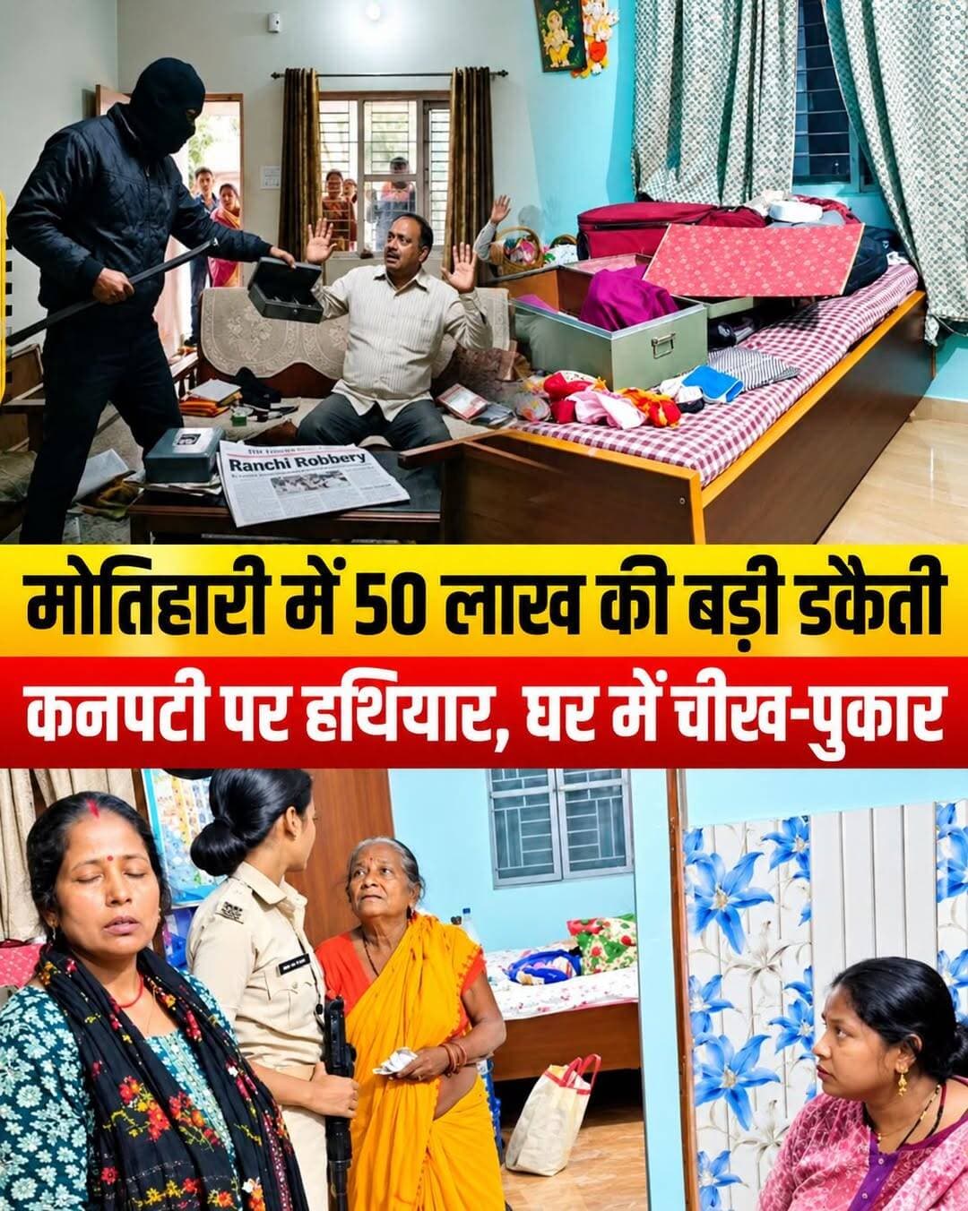 मोतिहारी में 50 लाख की सनसनीखेज डकैती: CCTV की हार्ड डिस्क ले उड़े बदमाश, SP बोले- मामला संदेहास्पद!
मोतिहारी (पूर्वी चंपारण):
शहर के नगर थाना क्षेत्र अंतर्गत आजाद नगर (एकौना मानसपुरी) में कानून-व्यवस्था को धता बताते हुए हथियारबंद बदमाशों ने दुस्साहसिक वारदात को अंजाम दिया है। पीडब्ल्यूडी (PWD) कर्मी अनिल गुप्ता के घर में शाम के वक्त घुसे आधा दर्जन हथियारबंद अपराधियों ने मां और बेटे को पिस्तौल की नोक पर बंधक बना लिया।
करीब 20 मिनट तक घर में तांडव मचाते हुए अपराधियों ने अलमारी और लॉकर खंगालकर करीब 50 लाख रुपये मूल्य के सोने-चांदी के जेवरात और नकदी लूट ली।
CCTV हार्ड डिस्क और सिम भी ले भागे शातिर:
वारदात को अंजाम देने के बाद सबूत मिटाने के लिए बदमाश घर में लगे सीसीटीवी कैमरों की हार्ड डिस्क, मोबाइल फोन और सिम कार्ड तक अपने साथ उखाड़ कर ले गए।
घटना की सूचना मिलते ही पुलिस अधीक्षक स्वर्ण प्रभात, सदर डीएसपी-1 दिलीप कुमार और नगर थानाध्यक्ष दल-बल के साथ मौके पर पहुंचे। गृहस्वामी के आवेदन पर आधा दर्जन अज्ञात बदमाशों पर FIR दर्ज कर ली गई है। वहीं, एसपी स्वर्ण प्रभात ने स्पष्ट किया कि प्रथम दृष्टया मामला संदेहास्पद प्रतीत हो रहा है। मामले के खुलासे के लिए एसआईटी (SIT) और डीआईयू (DIU) की टीमें गठित कर दी गई हैं, जो संभावित ठिकानों पर ताबड़तोड़ छापेमारी कर रही हैं।
<nis:link nis:type=tag nis:id=motihari nis:value=Motihari nis:enabled=true nis:link/> <nis:link nis:type=tag nis:id=eastchamparan nis:value=EastChamparan nis:enabled=true nis:link/> <nis:link nis:type=tag nis:id=biharcrime nis:value=BiharCrime nis:enabled=true nis:link/> <nis:link nis:type=tag nis:id=dacoity nis:value=Dacoity nis:enabled=true nis:link/> <nis:link nis:type=tag nis:id=lootkand nis:value=LootKand nis:enabled=true nis:link/>